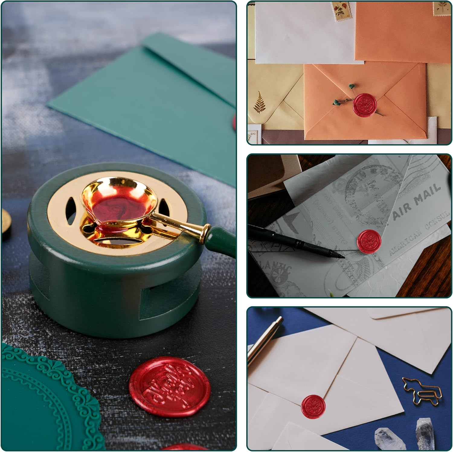 Wax Seal Kit with Furnace, Spoon, and Silicone Pad for Melting Beads or Sealing Sticks (Green) image number 3