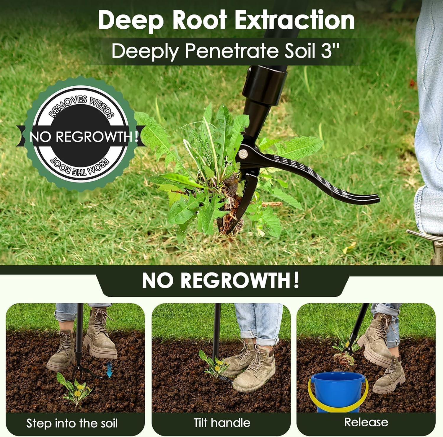 Lim Energy Weed Puller Tool - Detachable Stand up Weed Puller Tool with 100CM Long Handle & 4-Claw Steel Head Design, Weeding Tools Gardening Long Handle (100CM)