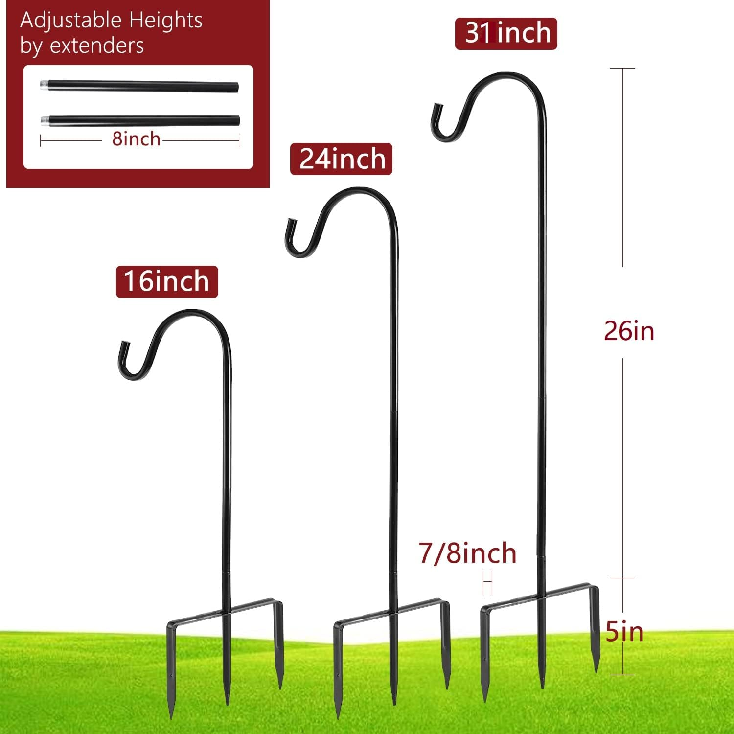 EXCMARK 2 Pack Shepherd Hook 31 Inch 1/2 Inch Thick Use at Weddings, Hanging Solar Lights, Lanterns, Bird Feeders, Metal Hanger Hook (Black, 31 Inch). U.S. Patent. image number 4