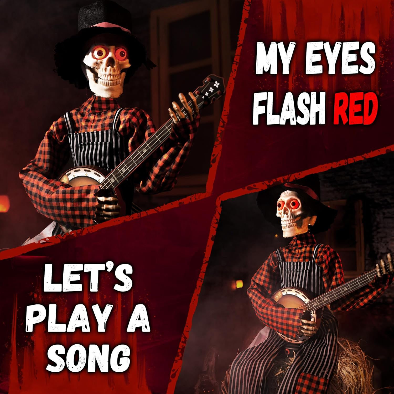 Halloween Animatronics Banjo Skeletons - Animated Skeleton Decorations with Sound Activated, Funny Voice Light up Eyes Playing Motion Musical Prop Decor for Indoor/Outdoor, Guitar Skull,(Gs01) image number 6