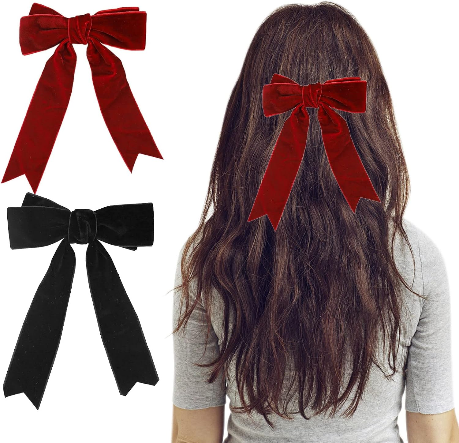 2Pcs Velvet Bow Hair Clip,Large Satin Ribbon Bow Hairpins,Bows Hair Barrettes Fastener French Hair Bows with Long Ribbon Vintage Party Hair Accessories Women Girls Gifts 2PCS (Black & Red Velvet) image number 1