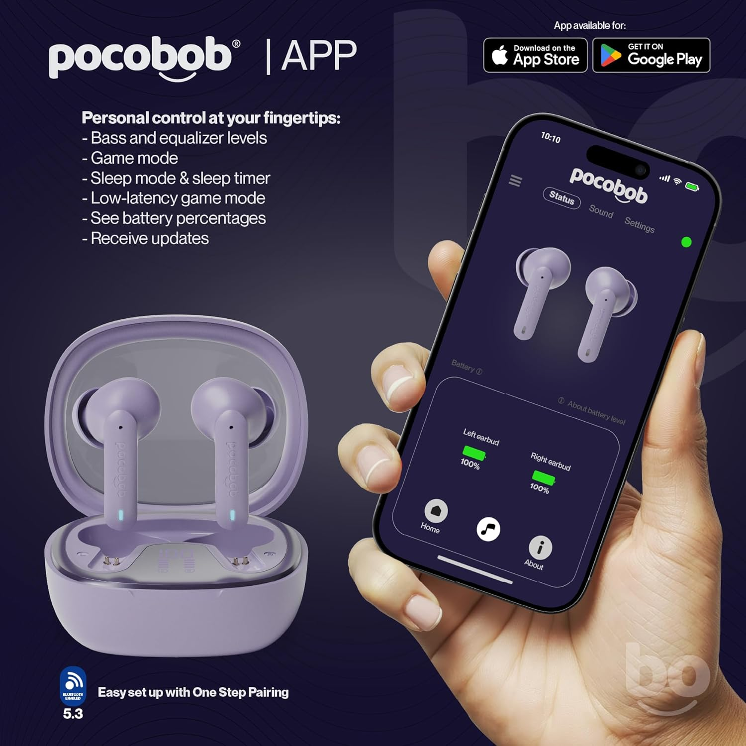 Pocobob 8 Bluetooth 5.3 In-Ear Headphones with Microphone, ENC, App Control, 32 Hour Battery, Touch, USB-C, IPX4 Water Protection - True Wireless Earbuds - Light Purple image number 1