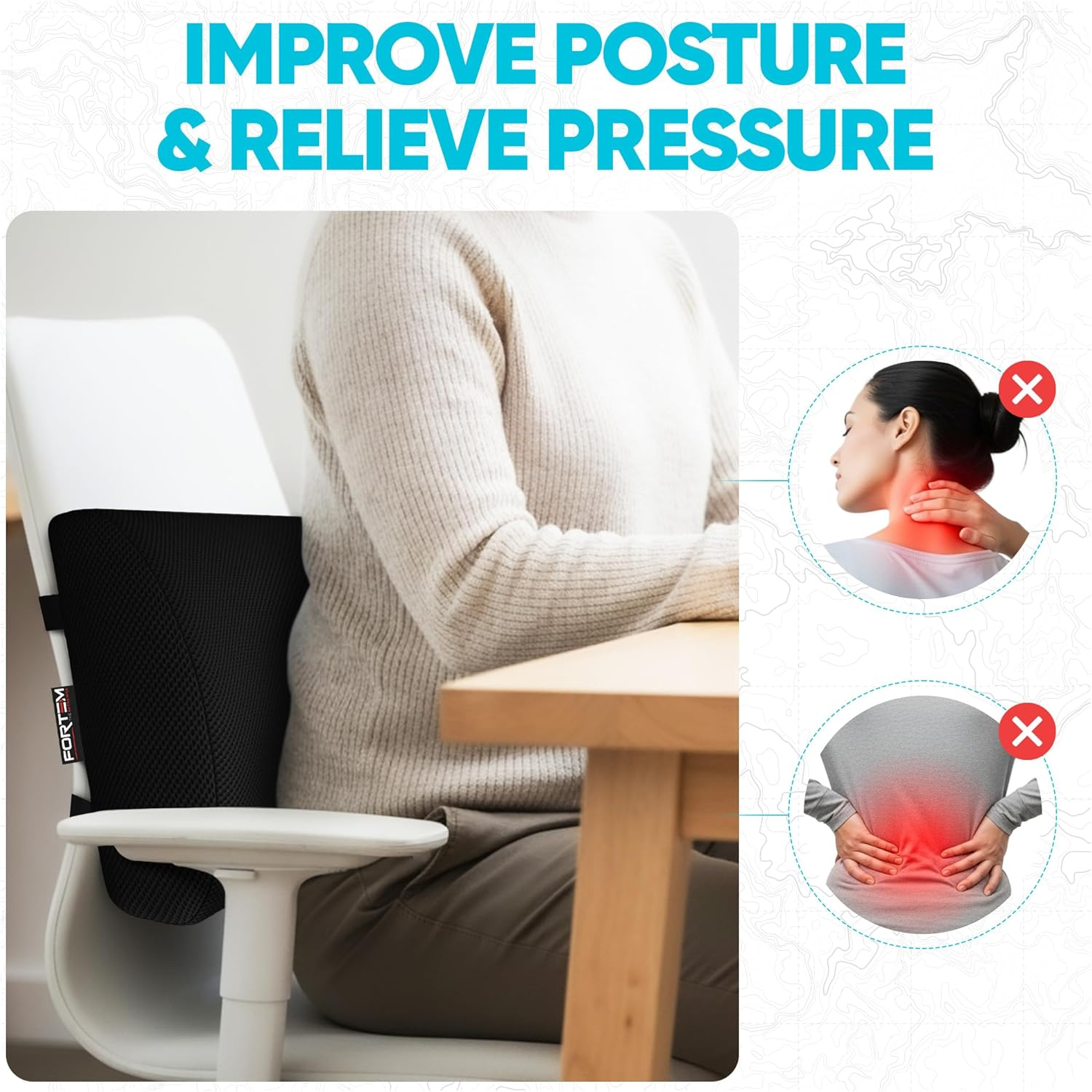 FORTEM Lumbar Support Office Chair, Lumbar Support Pillow for Car, Office Chair Back Support, Lumbar Pillow for Desk Chair, Memory Foam Back Cushion, Washable Cover (Mesh, Black)