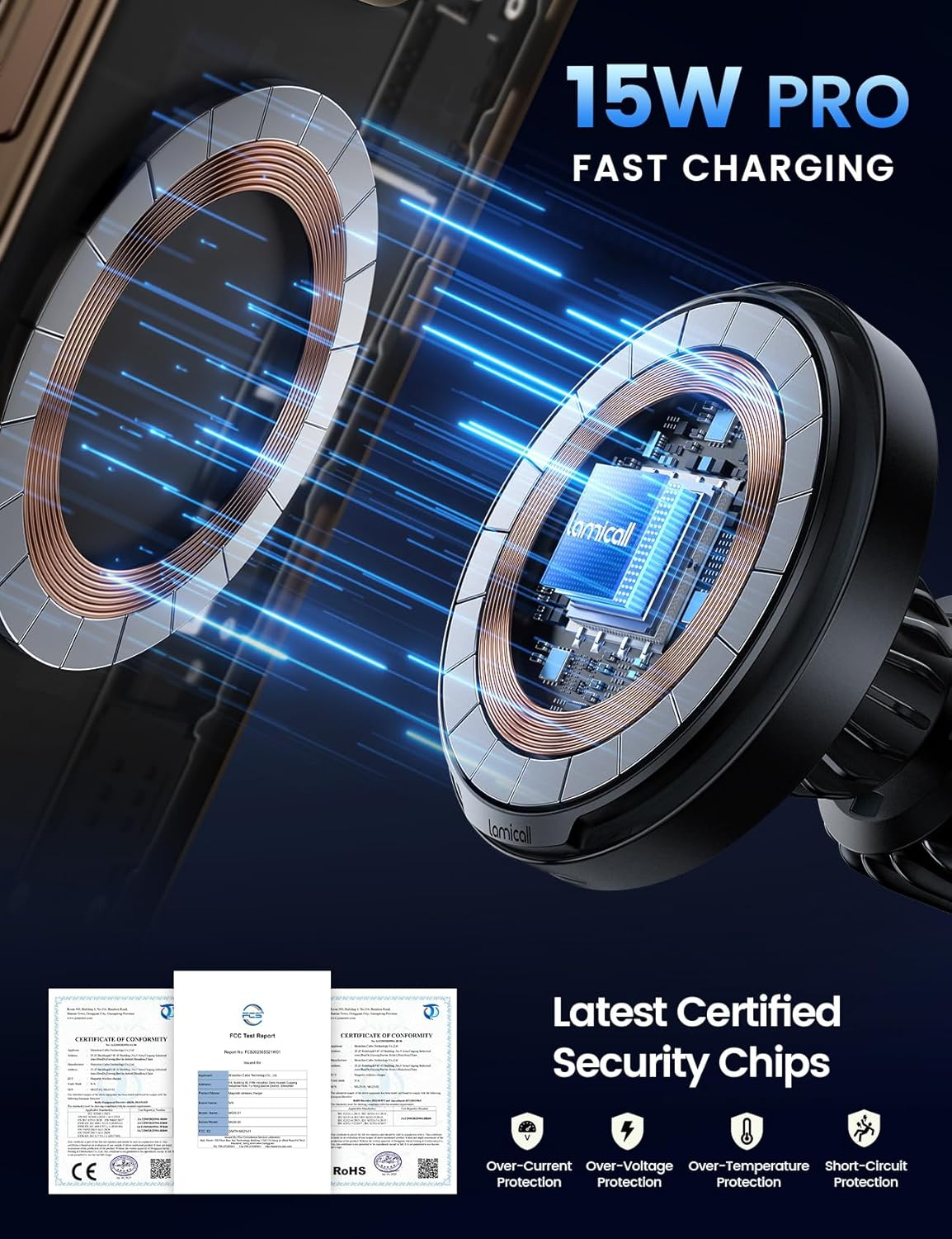 Lamicall for Safemag Car Charger Holder - [15W Fast Charging] Wireless Charger for Car, N55 Magnetic Phone Mount for Dashboard & Air Vent for Iphone 17 16 15 14 13 12 Series & Mag Case - Black image number 1