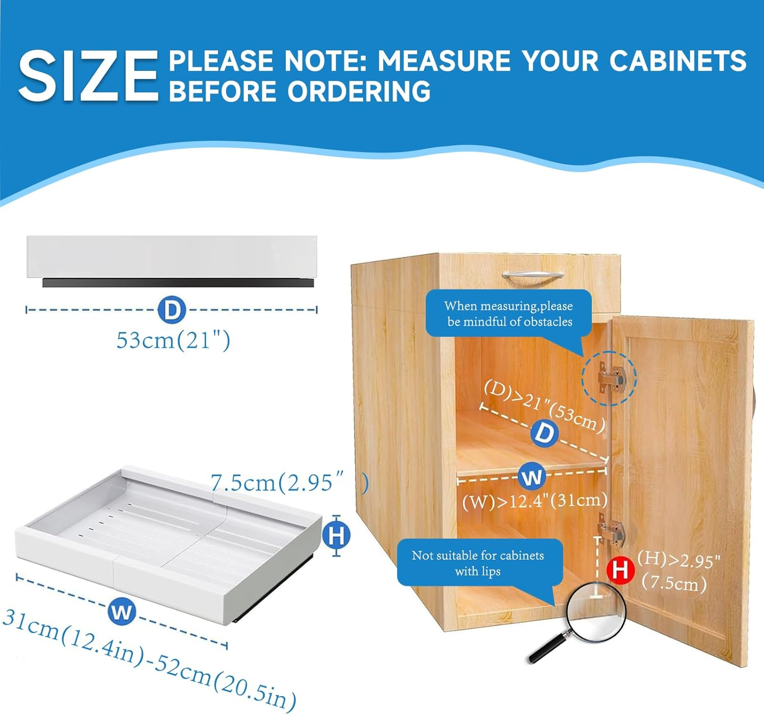 Pull Out Cabinet Organizer, Expandable (12.4"-20.5") Pull Out Drawers for Cabinets Fixed with Adhesive Film,Adjustable Peel Stick Slide Out Drawers for Kitchen Cabinets Pantry Bathroom-21&ldquo; Deep image number 2