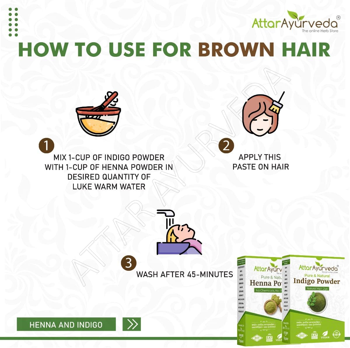 Attar Ayurveda Natural Dye for Black Hair (Henna Leaves Powder| Indigo Leaves Powder Combo Pack) (200 Grams + 200 Grams = 400 Grams Total) - 14 Ounce Pack 2 image number 2