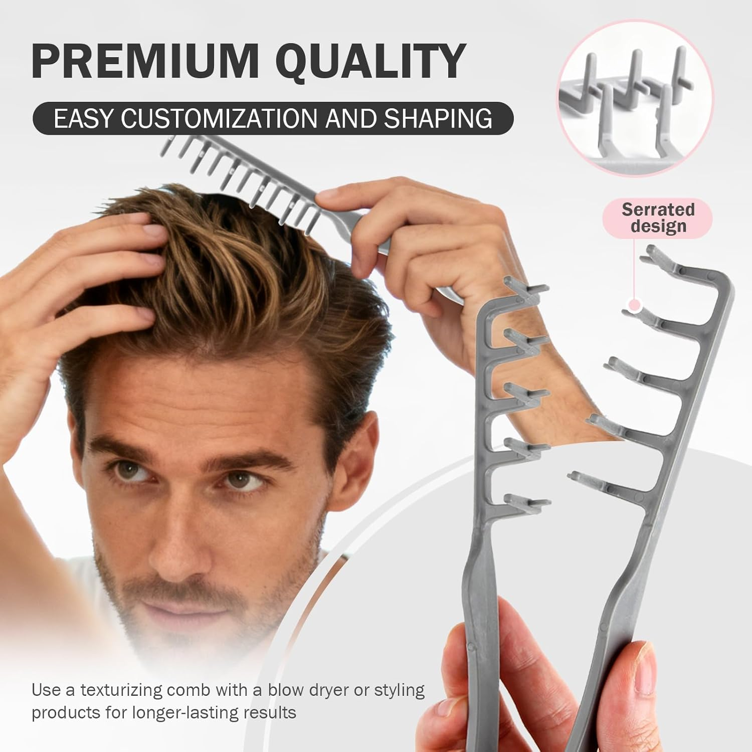 Texture Comb 2-Pack - Volumizing Wide Tooth Styling Comb for Fluffy Hair | Anti-Frizz Curly Hair Comb for Men & Women | Creates Volume & Perfect Fringe Parting (Blue & Pink) image number 4