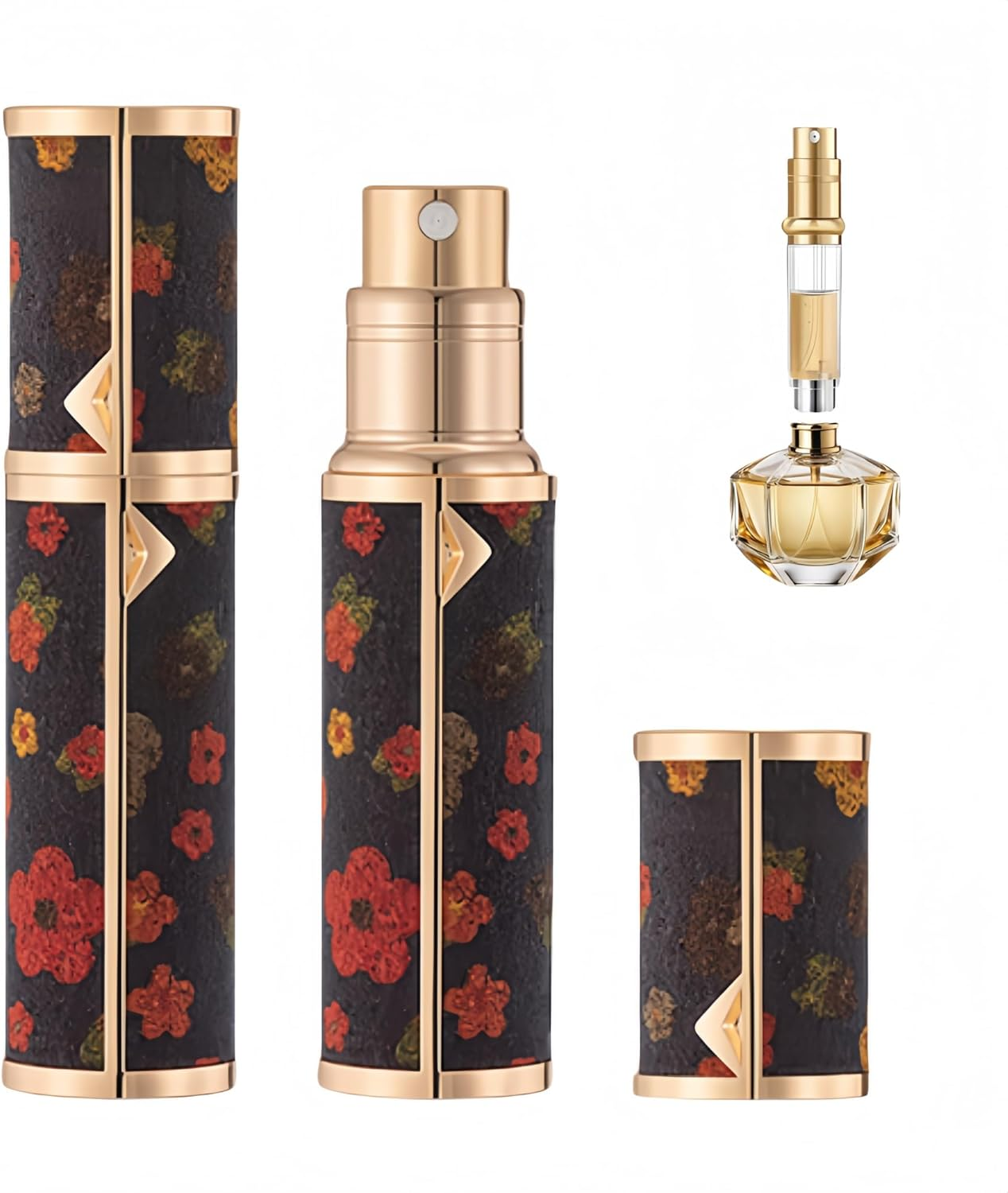 Longfng 5ML Travel Perfume Atomizer, Refillable Perfume Bottle with Retro Pattern, Leakproof Portable Small Spray Bottle for Women & Men, Elegant Mini Fragrance Accessory (Dark Floral)