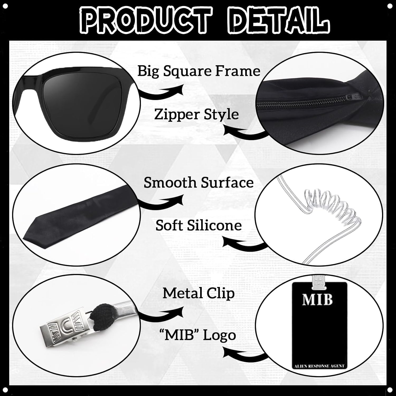 4Pcs Agent Costume Accessories Set, Secret Agent Fancy Dress Kit with ID Card Prop Lanyard Fake Earpiece Ziptie Black Frame Sunglasses for Adults Carnival Halloween Cosplay Dress up Party