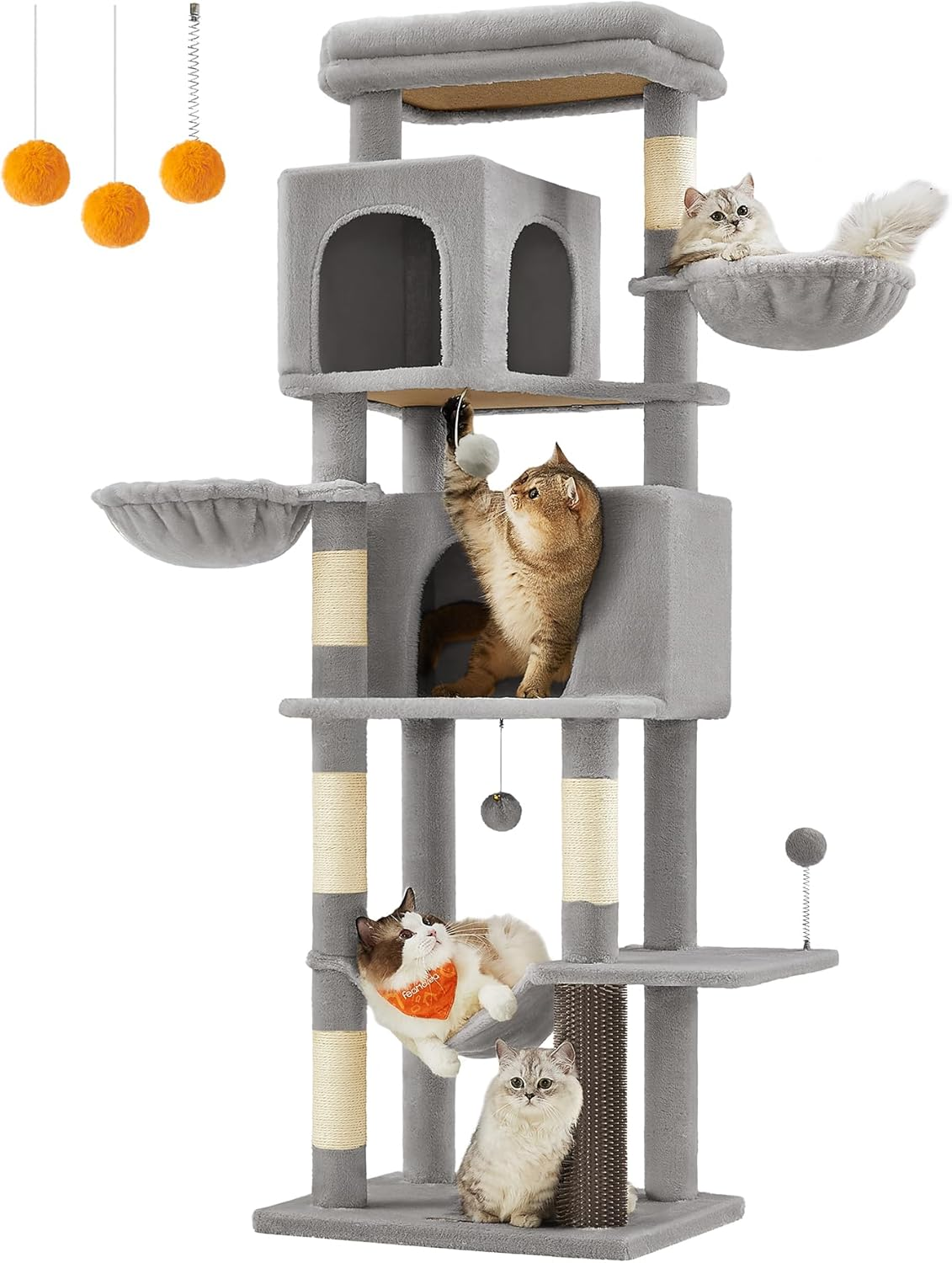 Feandrea Cat Tree, 69-Inch Tall Cat Tower for Indoor Cats, Multi-Level Cat Condo with 2 Caves, 2 Baskets, 5 Scratching Posts, Self-Groomer, Perch, Hammock, Dove Gray UPCT182G01