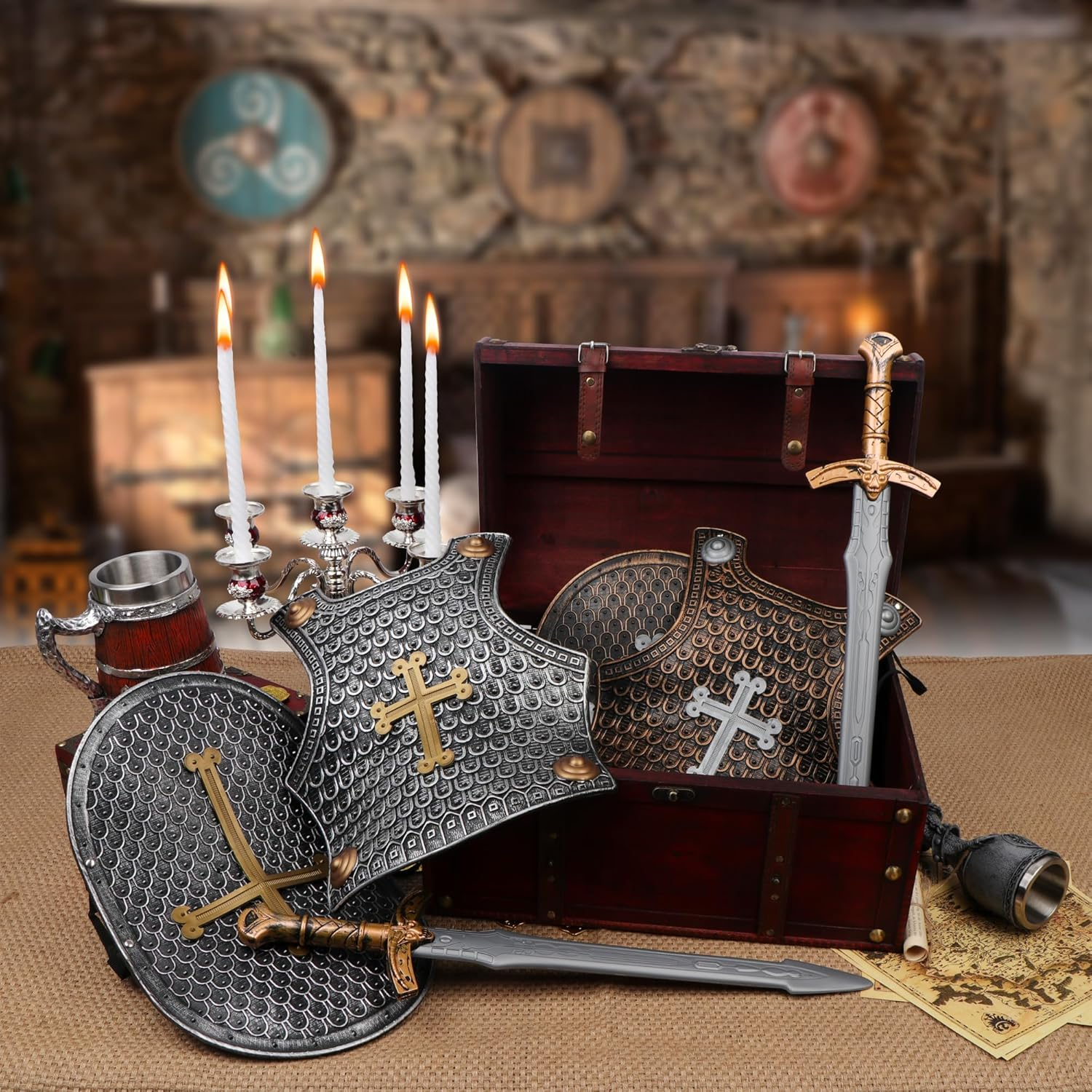 Crusaders Medieval Knight Armor Props Set Including Chest Plate Shield and Swords image number 2