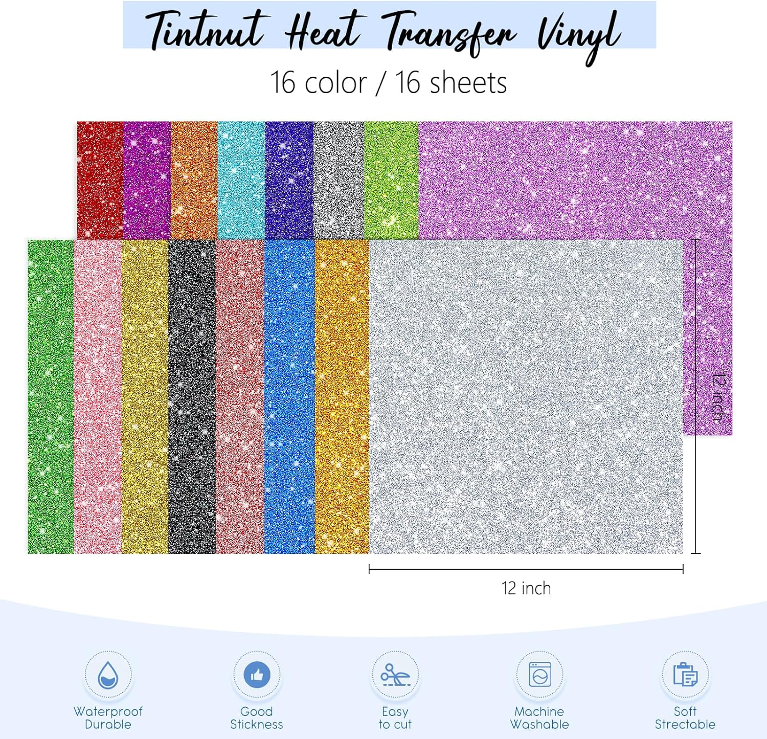 Tintnut Glitter HTV Heat Transfer Vinyl - 16 Sheets 12"X12" Colorful Glitter Heat Transfer Vinyl Shinny Glitter Iron on Vinyl for T-Shirts Glitter HTV image number 4