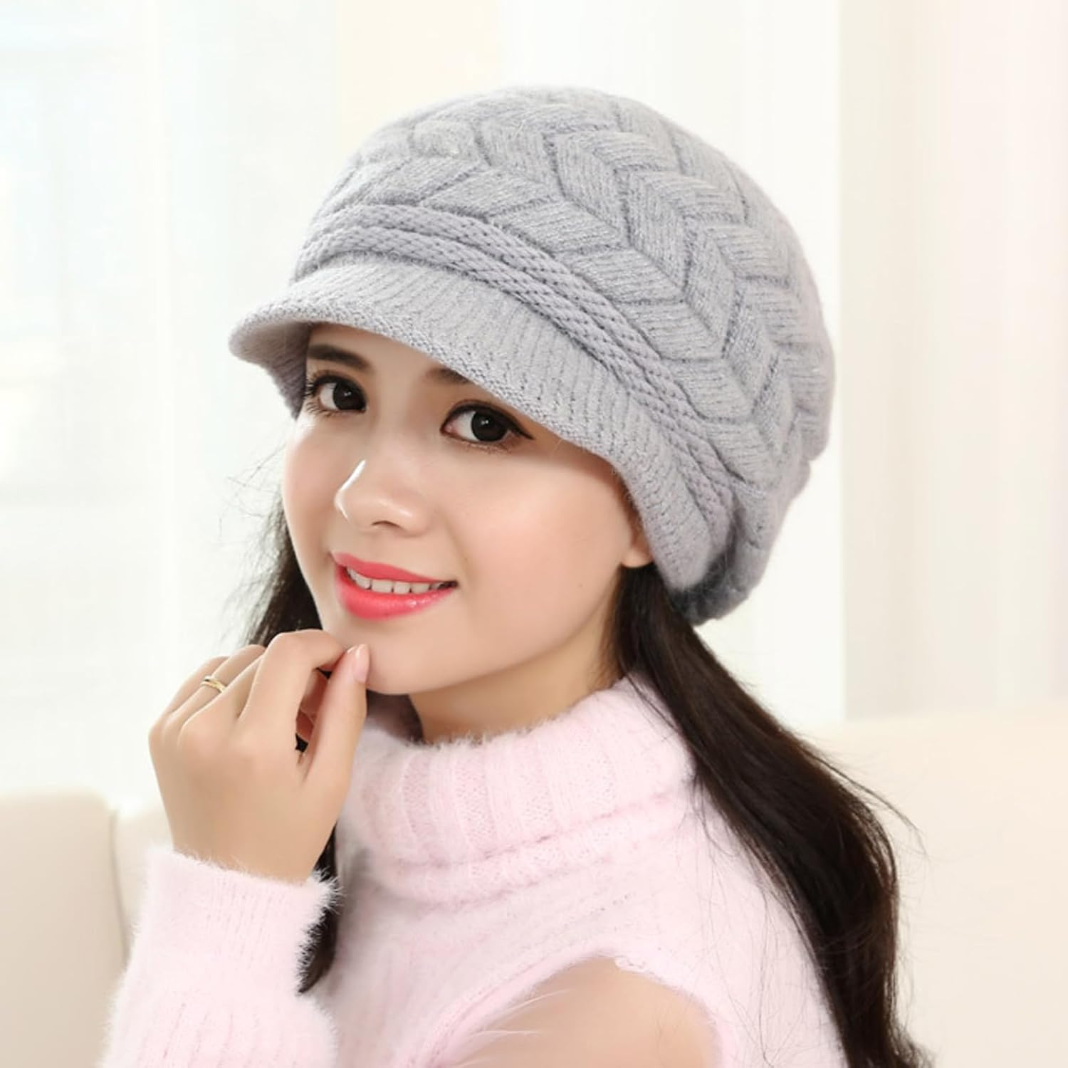 AWOCAN Women Winter Warm Knit Hat Cold Weather Slouchy Beanie Cap Fluff Snow Ski Cap - Grey image number 2