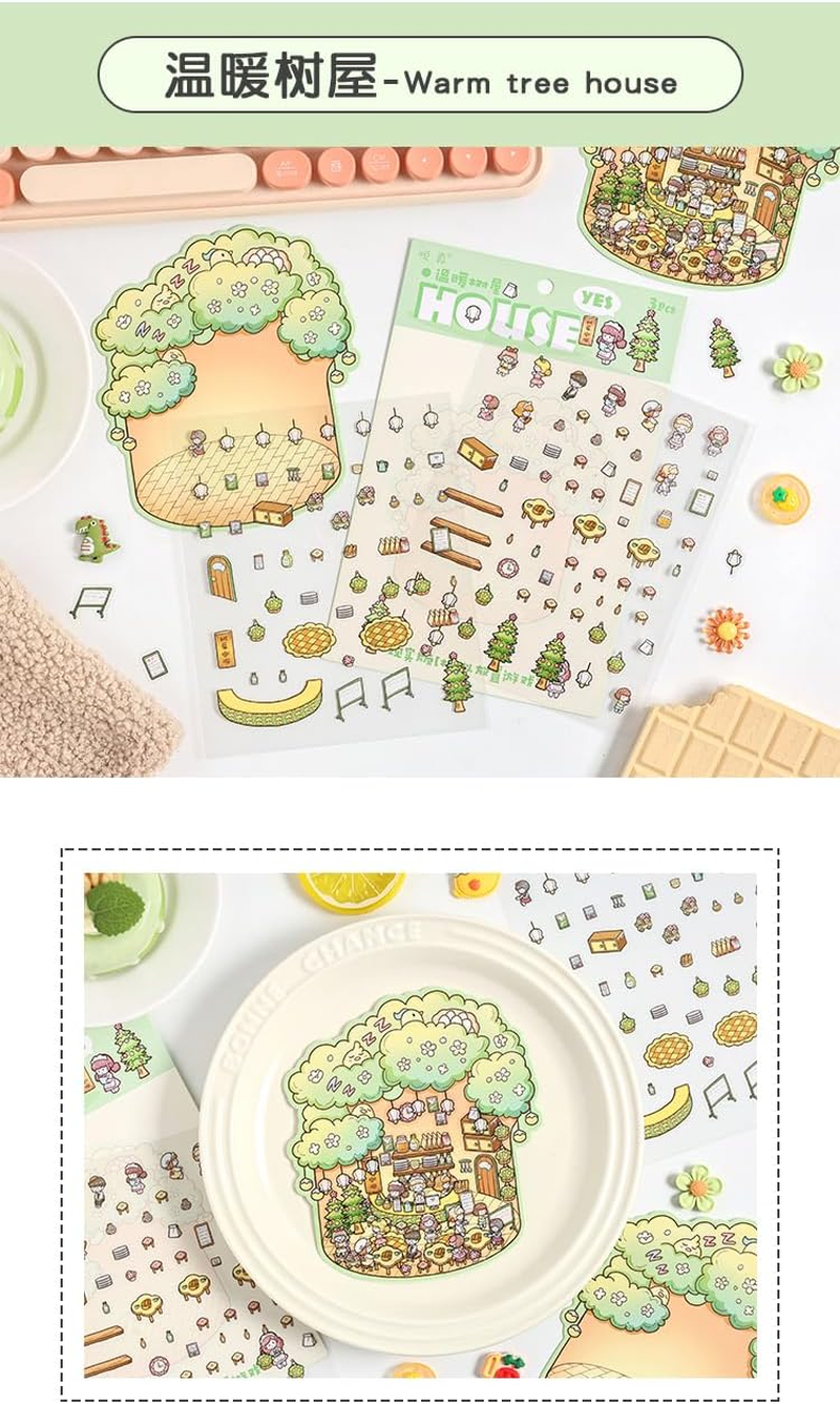 4 Sets Waterproof House Stickers, 3D Miniature Scene Stickers, Cute Fun Cartoon Stickers Set, Reusable Sticker Books, Make Your Own Home for Relief Stress Pass the Time image number 6