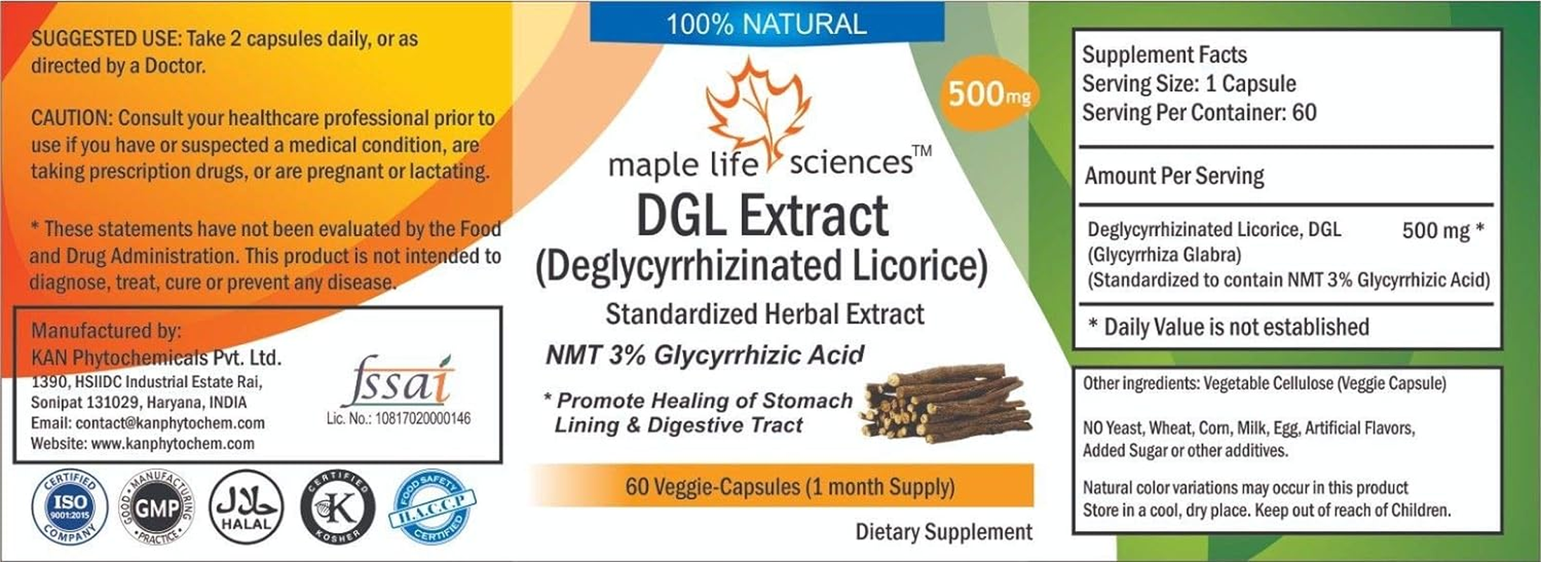 Deglycyrrhizinated Licorice (DGL) Extract - 500Mg - 60 Vegan Capsules - Stomach Health