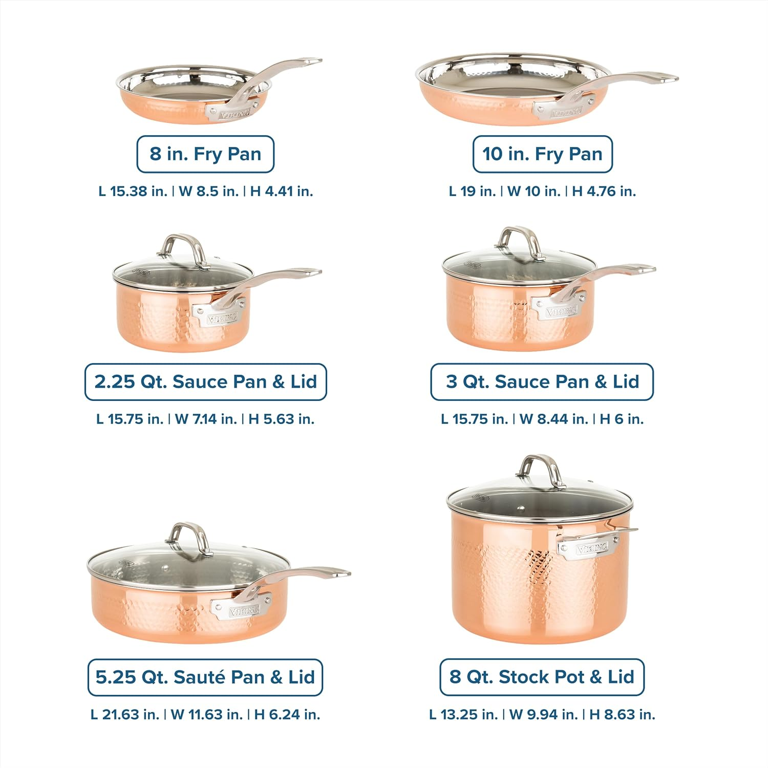 Viking Culinary 3-Ply Stainless Steel Hammered Copper Clad Cookware Set, 10 Piece, Oven Safe, Works on Electronic, Ceramic, and Gas Cooktops image number 1