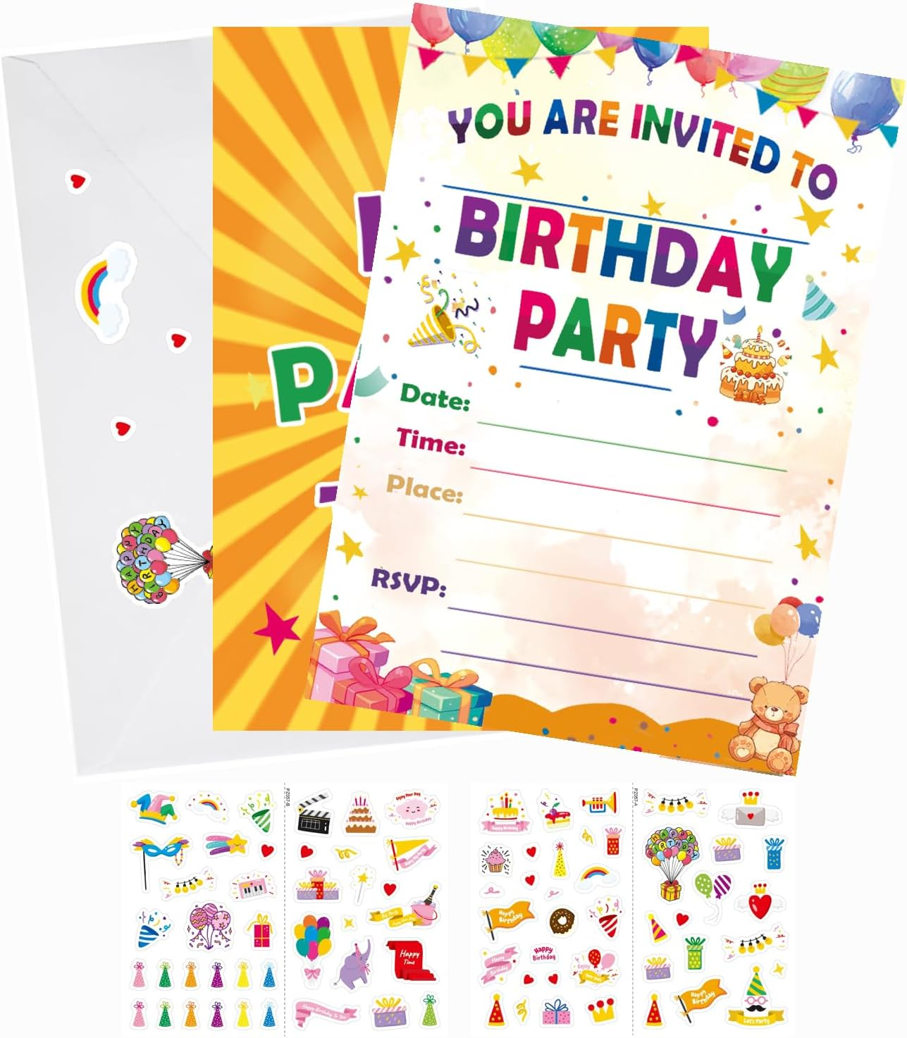 16Pcs Birthday Party Invitations with Envelopes＆ Stickers Set, 5 "X7" Cake Birthday Party Invitation for Boys and Girls, Celebration Invitation for Teenagers, Balloon Gift Box with Birthday Hat and Cake Celebration Decoration image number 3