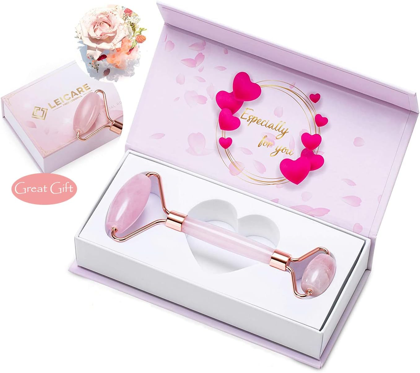 Leicare Rose Quartz Roller, Pink Jade Roller for Face - Natural Stone Facial Roller, Face Massager Beauty Tool for Wrinkles, Skin Tightening, Lift Firming - Eye Puffiness Treatment, anti Aging image number 1