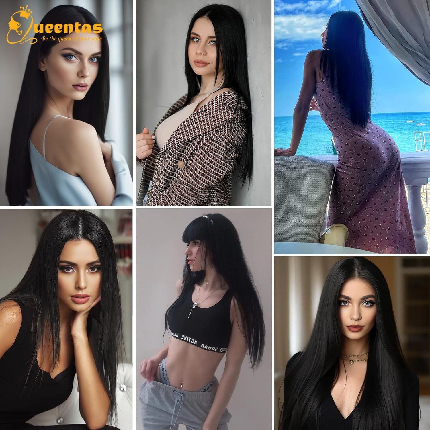 QUEENTAS 4Pcs Long Straight Black Clip in Hair Extensions for Women, Natural & Good Connectivity Hair Extensions Clip In(22Inch, 1B) image number 3