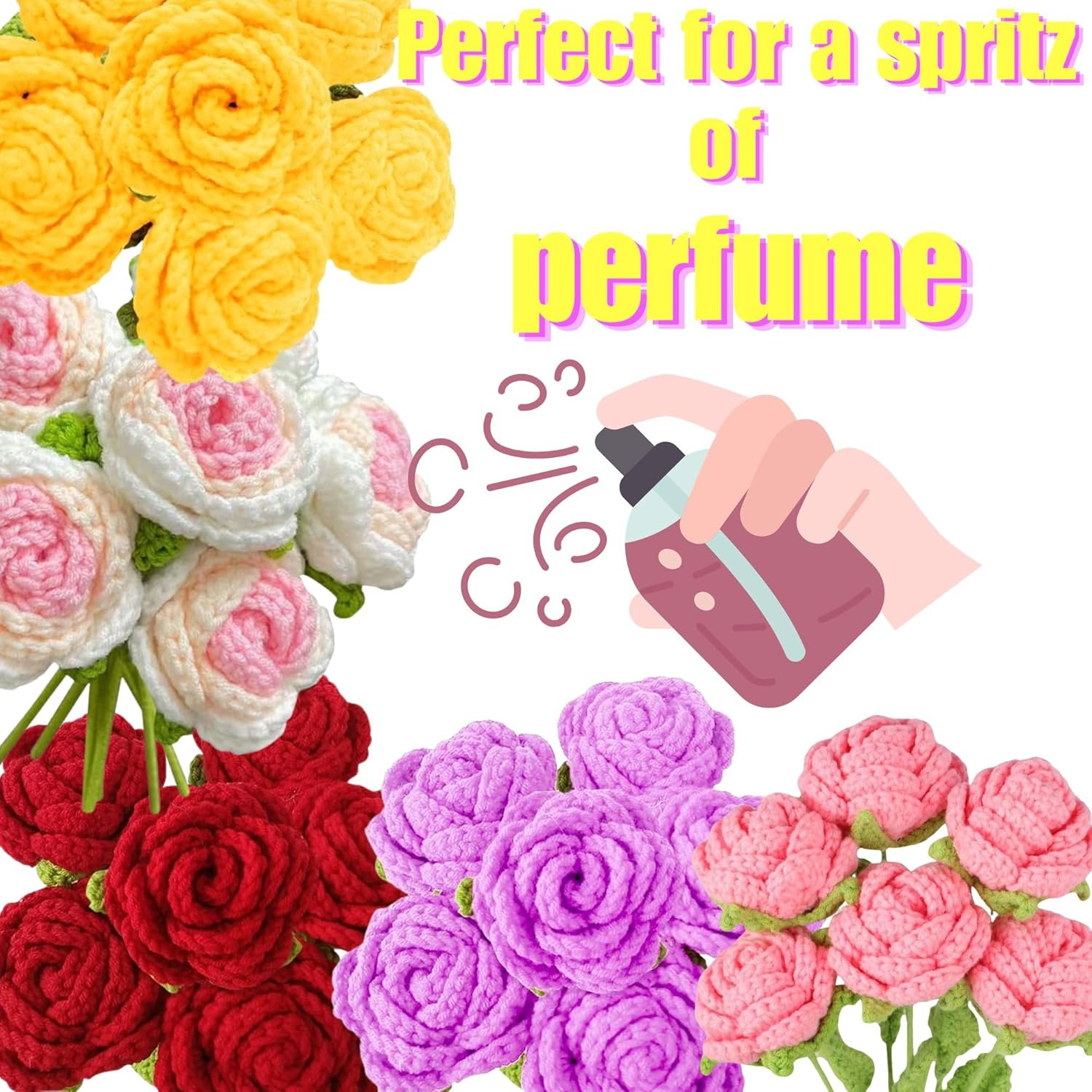 Ozfuns 6 PCS Hand-Woven Roses,Knitting Crochet Flower Bouquet,Crochet Handmade Red Rose Artificial Flowers,Wedding Decor Suitable for Anniversaries Celebrations Birthday Gift (Yellow) image number 3