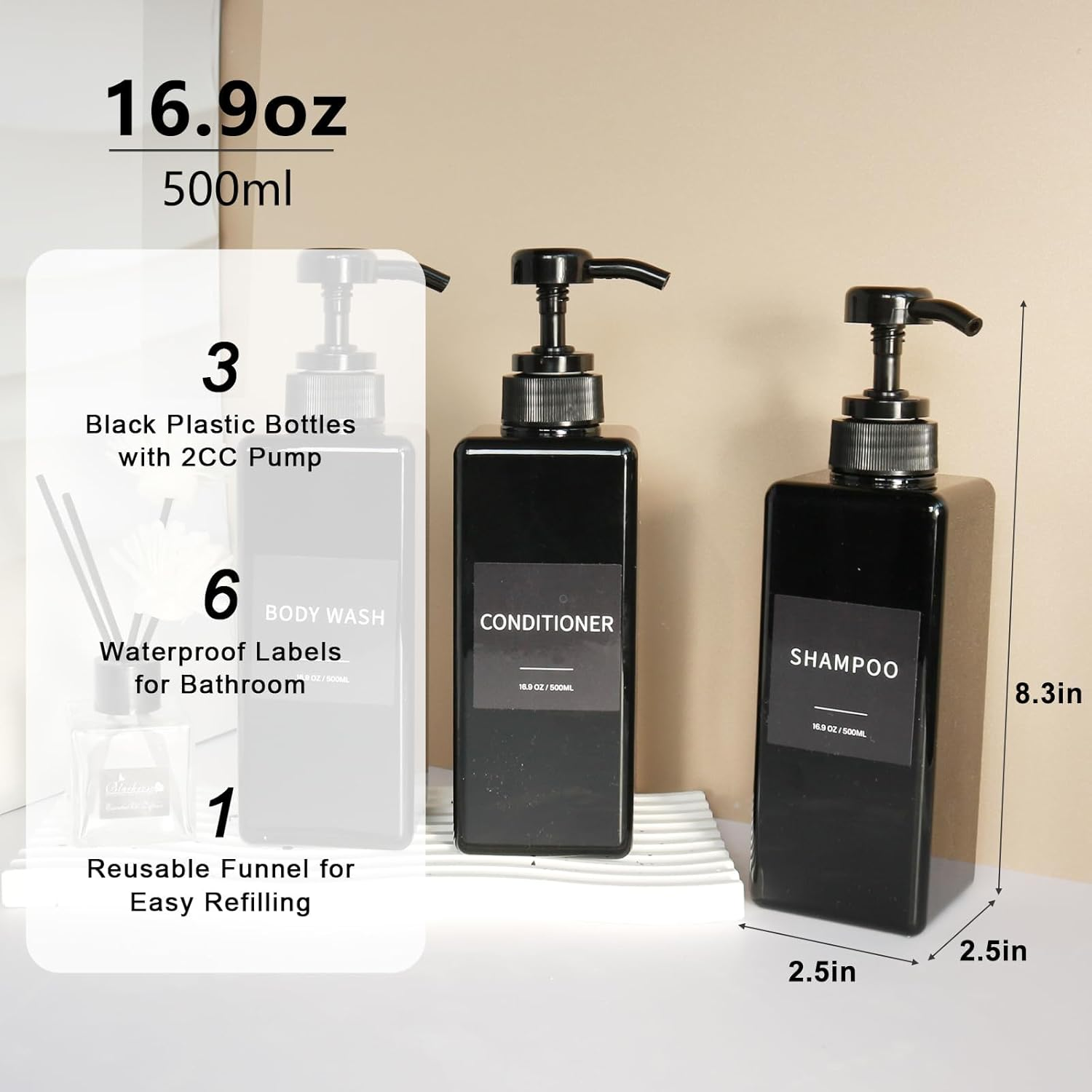 Shampoo and Conditioner Dispenser, Refillable Plastic Shampoo Pump Bottles with Waterproof Labels, Empty Body Wash Dispenser Set for Bathroom, Shower Soap Bottles (Black, Set of 3, 16.9Oz) image number 4