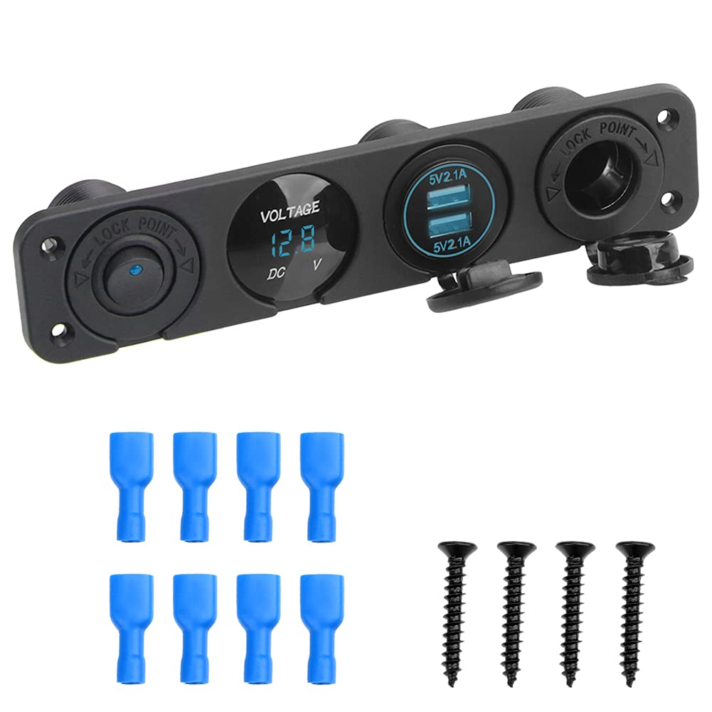 4 in 1 Charger Socket Panel, 2.1A&2.1A Dual USB Socket + LED Voltmeter + 12V Outlet + On-Off Toggle Switch 4In1 Control Panel for Car Boat Marine RV Truck Blue LED (Shipped from AU Warehouse)