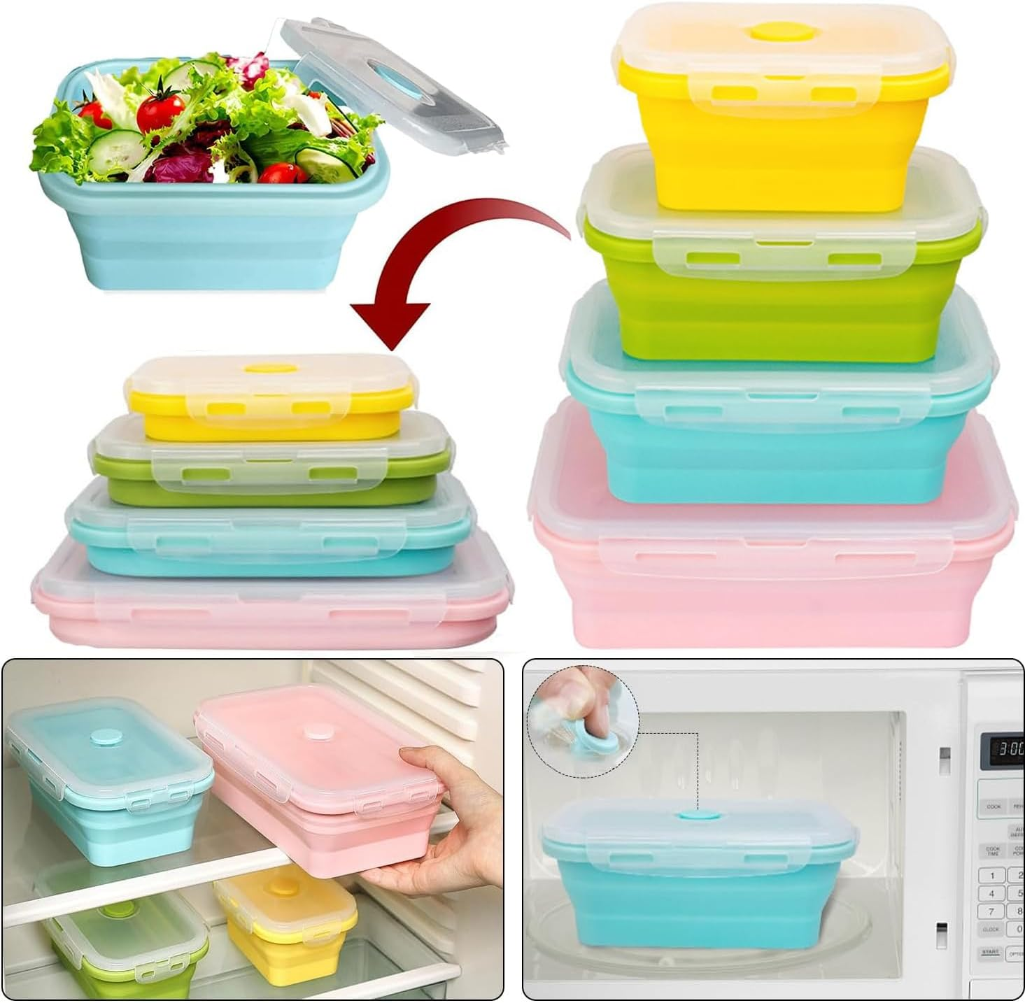4-Pack Collapsible Food Containers, Silicone Storage Set with Lids, Silicone Lunch Bento Box, Microwave & Dishwasher Safe, 350/500/800/1200ML image number 4
