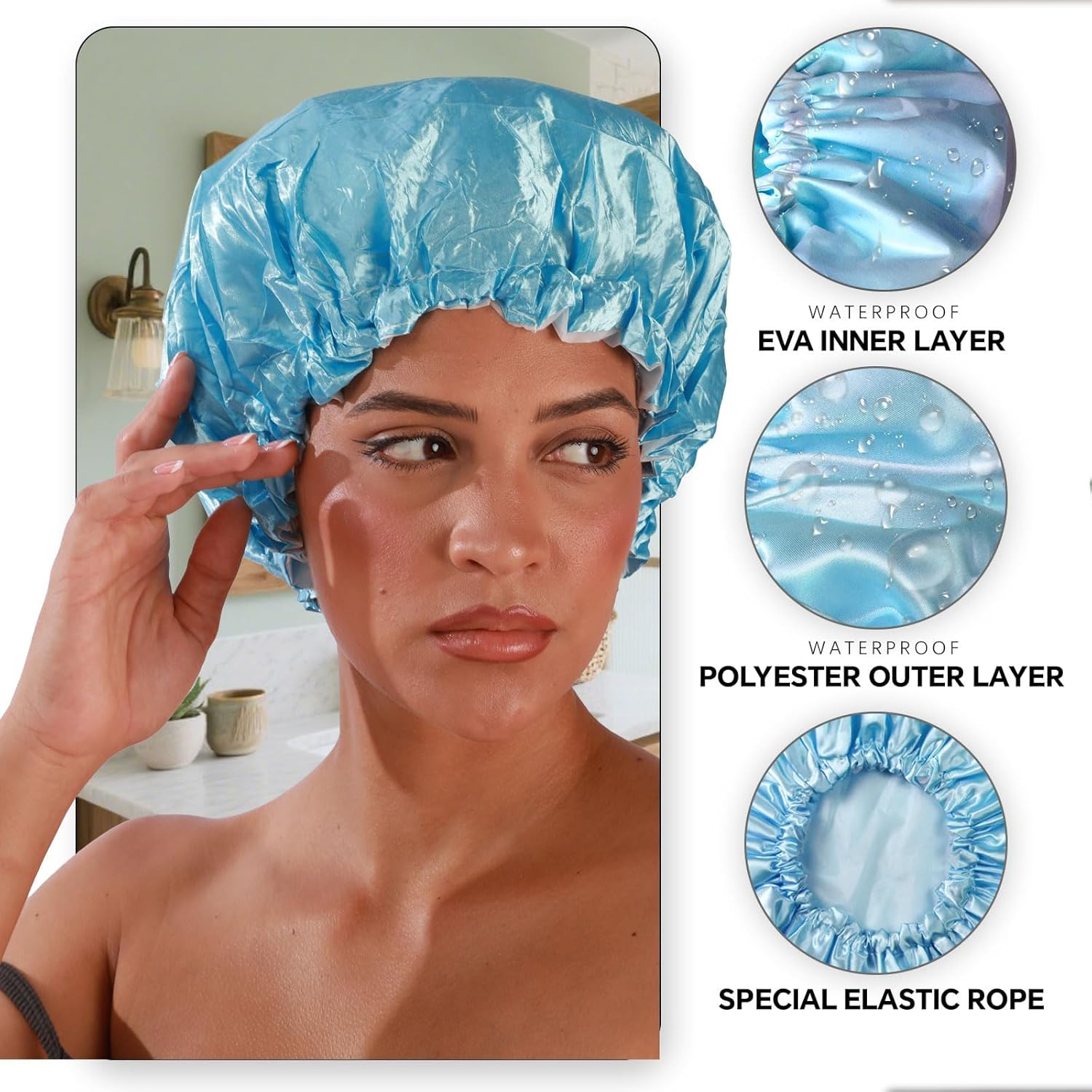 Weidllys Bath Shower Caps for Women Reusable Waterproof, 4 PCS Double Layers Shower Hair Cap, Elastic and Reusable Hair Cap, Environmental Protection Bathing Hat for Women