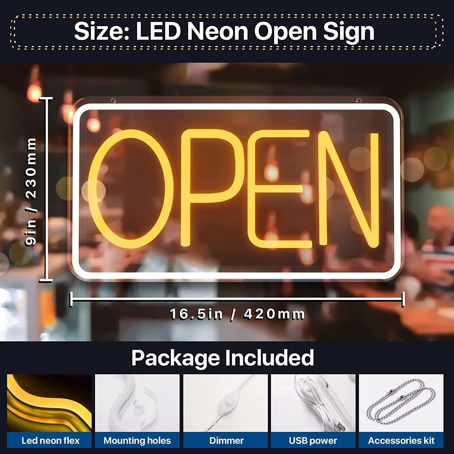 SOLIDEE LED Open Neon Sign Powered by USB Neon Sign with Dimmable Switches Light Advertising for Decorative Party Bar Pub Hotel Shop Caf&eacute; Restaurant Playroom Sign (Yellowish White)