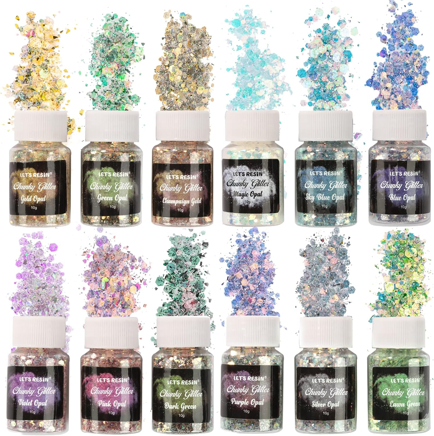 LET'S RESIN Opal Chunky Glitter for Resin, 12 * 10G Craft Glitter Powder for Tumblers/Slime, Iridescent Chameleon Glitter Sequins Festival Decor(Each 0.35Oz) image number 4