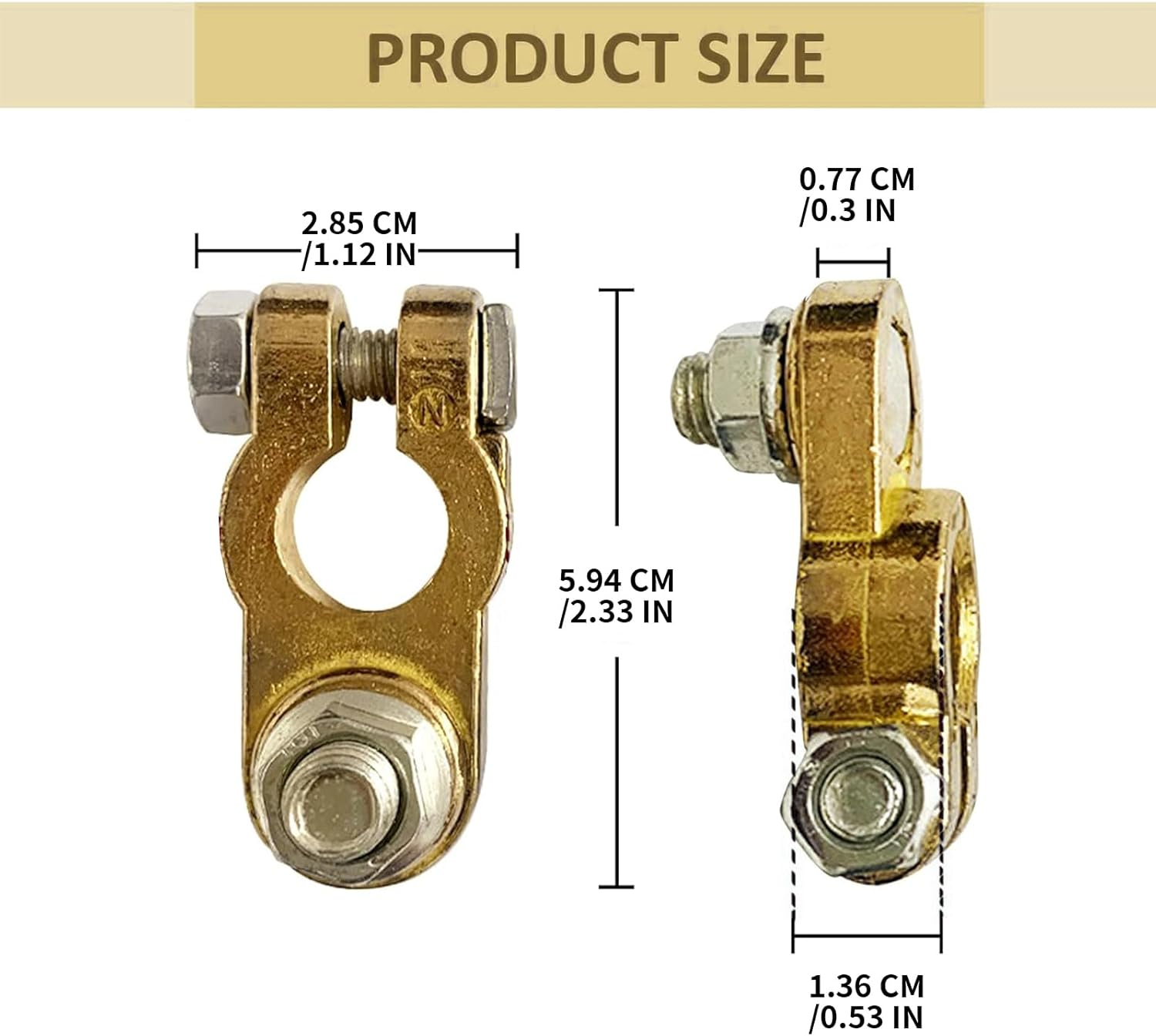 Qioon Brass Battery Terminal Connectors, Car Battery Top Post Clamp Set, P+ N- Pole Clamp for Marine, Boat, Truck, RV, Vehicle (1 Pair) image number 1