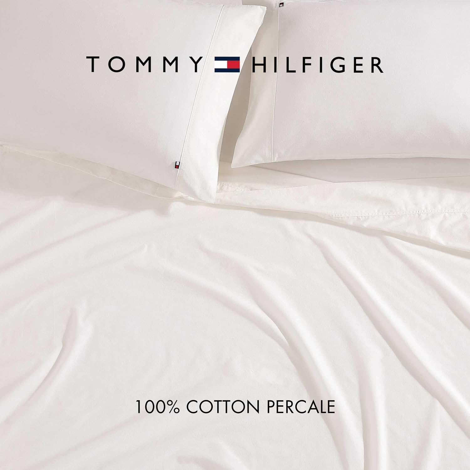 Tommy Hilfiger - Sheet Set, Cotton Washed Percale Bedding with Matching Pillowcases, Crisp & Cool, Solid Home Essentials (Ivory, King) image number 2
