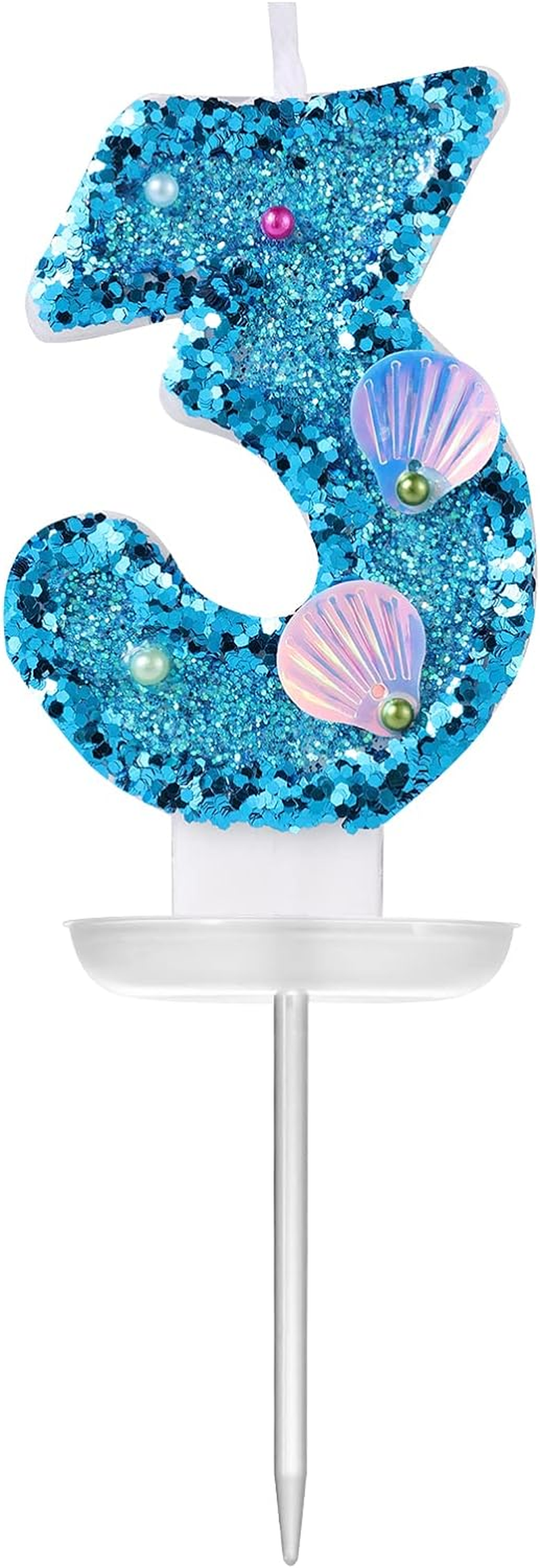 Savita 3 Inch Blue Glitter Number 3 Candle, Modern Starfish Theme, Birthday image number 5