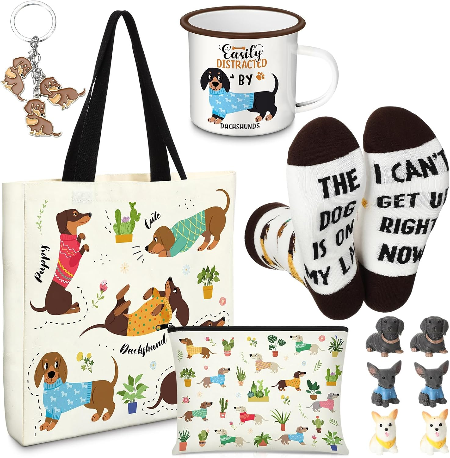 Animal Lover Gifts for Women Animal Themed Gifts for Animal Lovers Valentine'S Day Gift Include Animal Canvas Tote Bag, Makeup Bag, Socks, Keychain, Enamel Mug, Small Figurines(Dachshund) image number 1