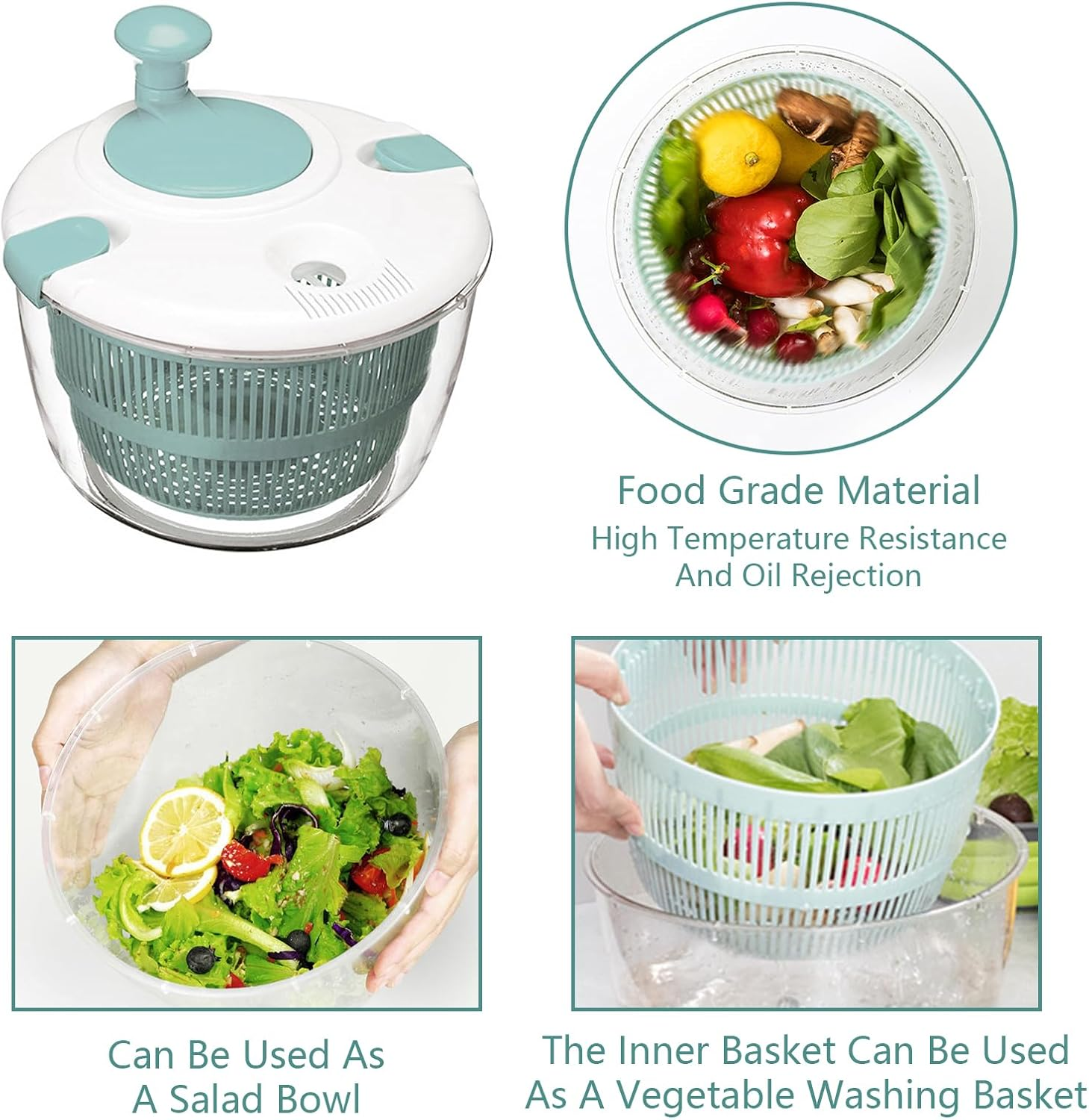 Lizbin Salad Spinner, Large Salad Spinner 5L Capacity, Quick and Easy Multi-Use Manual Lettuce Spinner, Vegetable Dryer, Fruit Washer, Wash, Spin & Dry Salad Greens, Fruits & Vegetables (Blue) image number 4