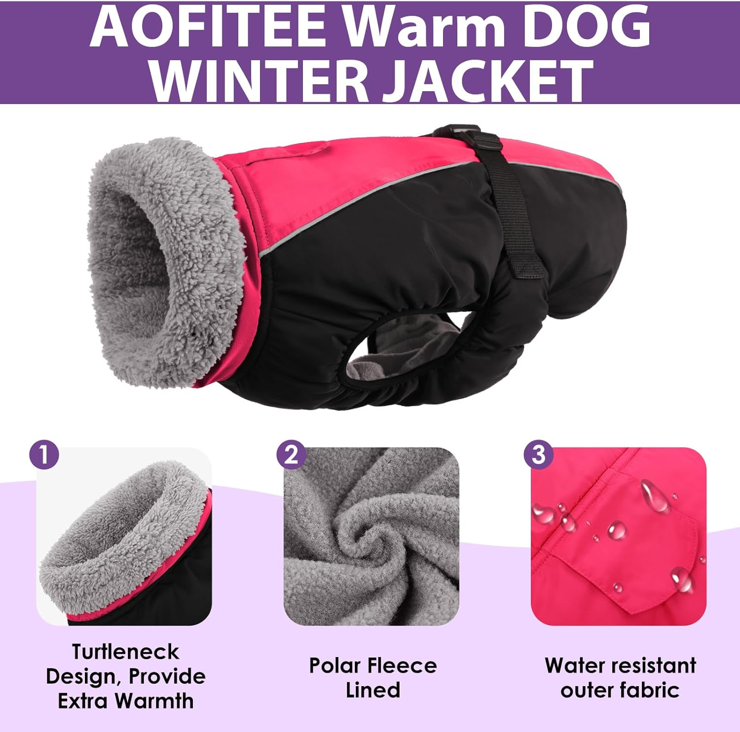 AOFITEE Warm Dog Coat, Turtleneck Lined Dog Winter Coat with Lead Hole Adjustable Dog Jacket, Waterproof Dog Snow Jacket for Cold Weather Dog Coats for Small Medium Large Dogs image number 3