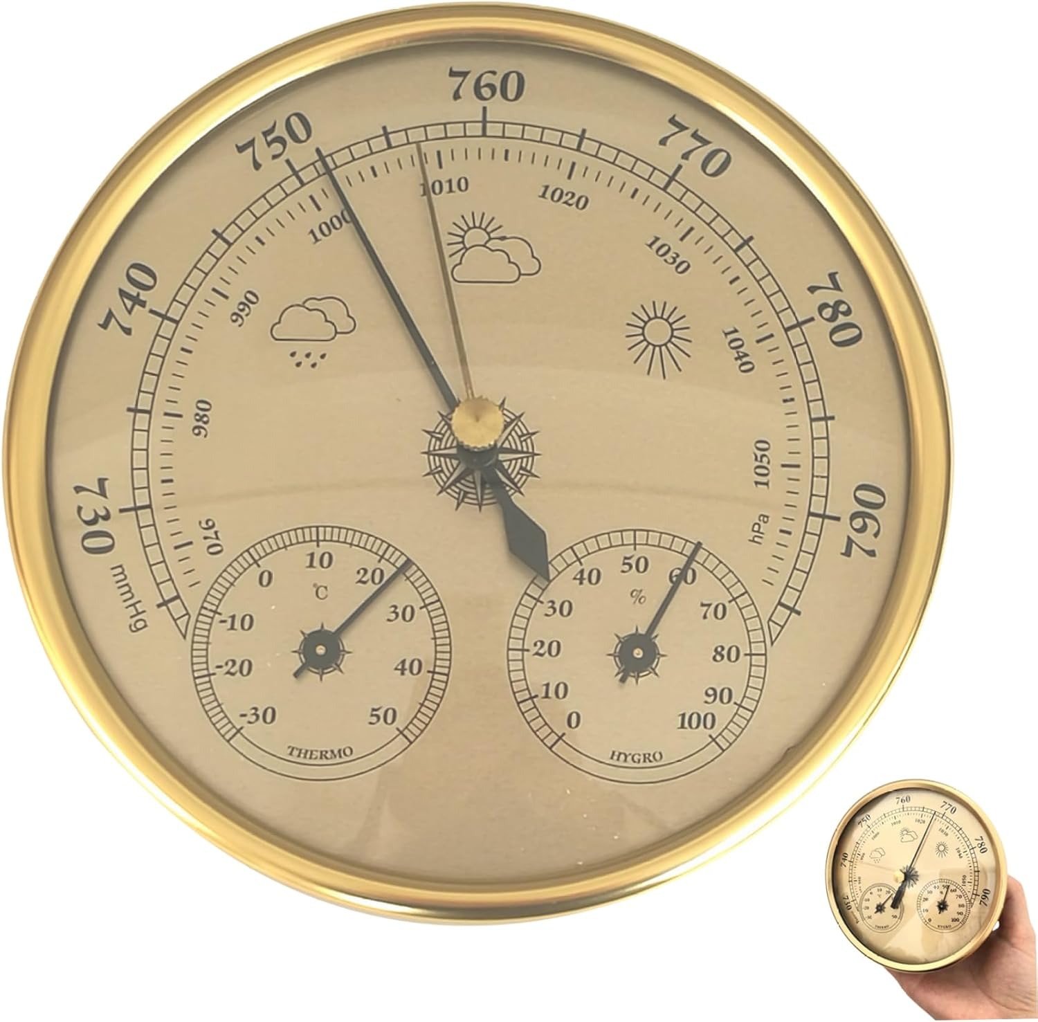 3 in 1 Barometer Indoor Metal Barometer Thermometer Hygrometer Golden Weather Barometer with Temperature Humidity Weather Station 5 Inch in Dia for Indoor Outdoor Weather Barometer- image number 3