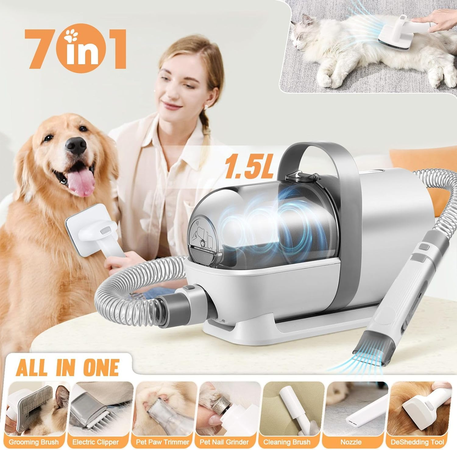 Pet Scene Pet Grooming Kit 1.5L with Bag, 7In1 Vacuum Grooming Dog Clipper Vacuum Cleaner Slicker Trimmer Remover Deshedding Brush Cat Hair Groomer image number 1