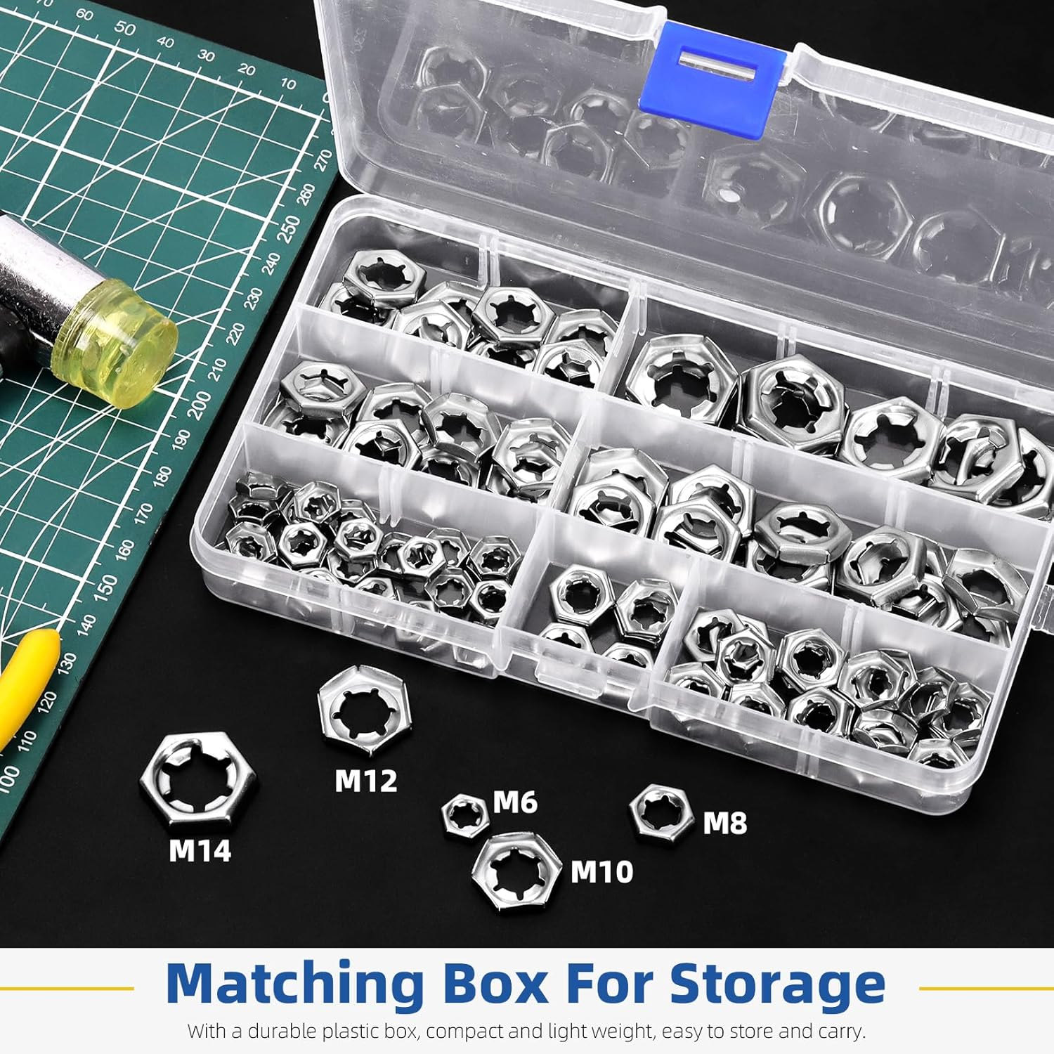 Glarks 105Pcs M6 M8 M10 M12 M14 Push on Lock Nuts Assortment Kit, 304 Stainless Steel External Push Rings Nuts, Quick Speed Locking Nut, Internal Tooth Star Lock Nut for Shaft and Stud - Silver image number 6