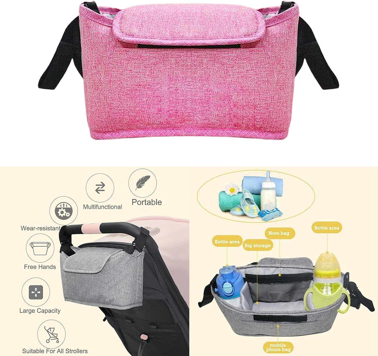 Shamjina Organizer Bag Large Capacity Pram Handle Storage Bag Diaper Bag - Pink, 30X17X12Cm