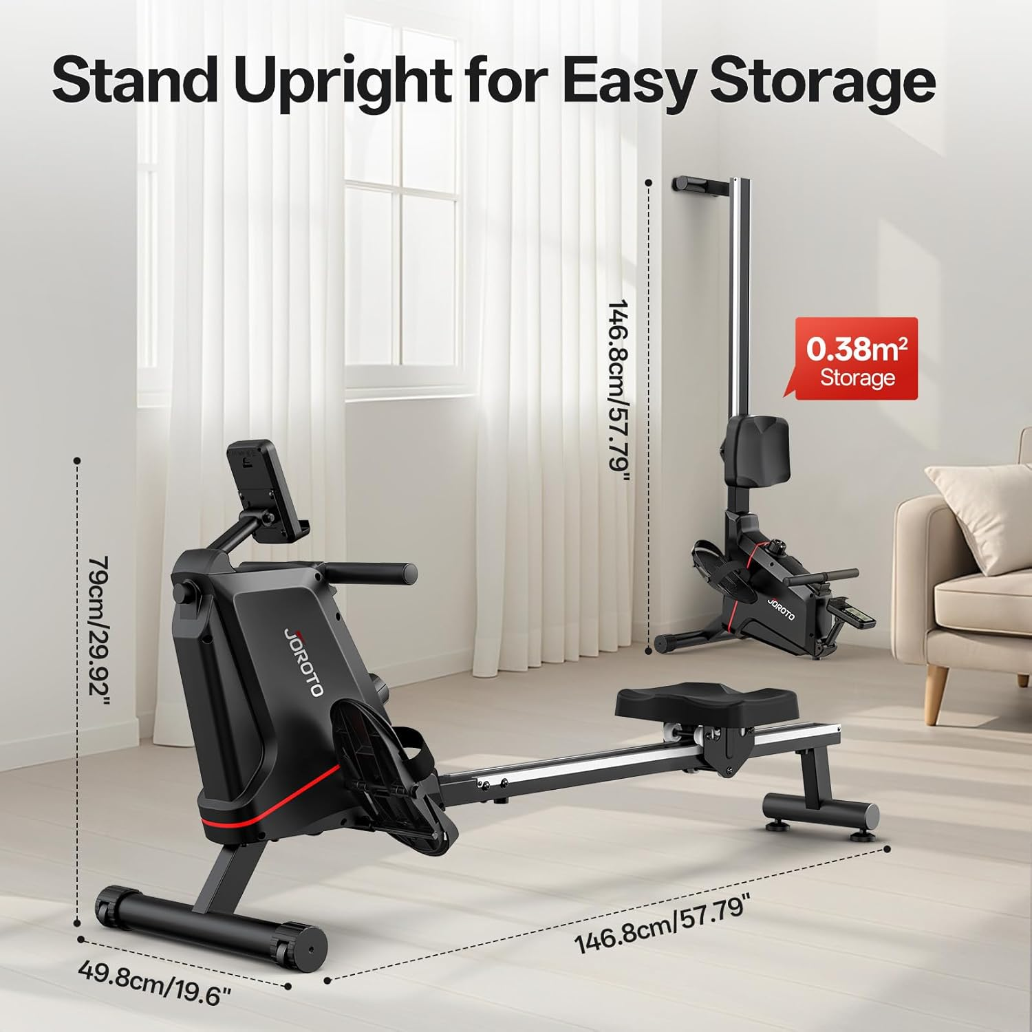 JOROTO Rowing Machine for Home, Quiet Indoor Magnetic Rower with Bluetooth Monitor, Max Weight Capacity 160KG, Easy to Assemble, Vertical Storage, Space-Saving