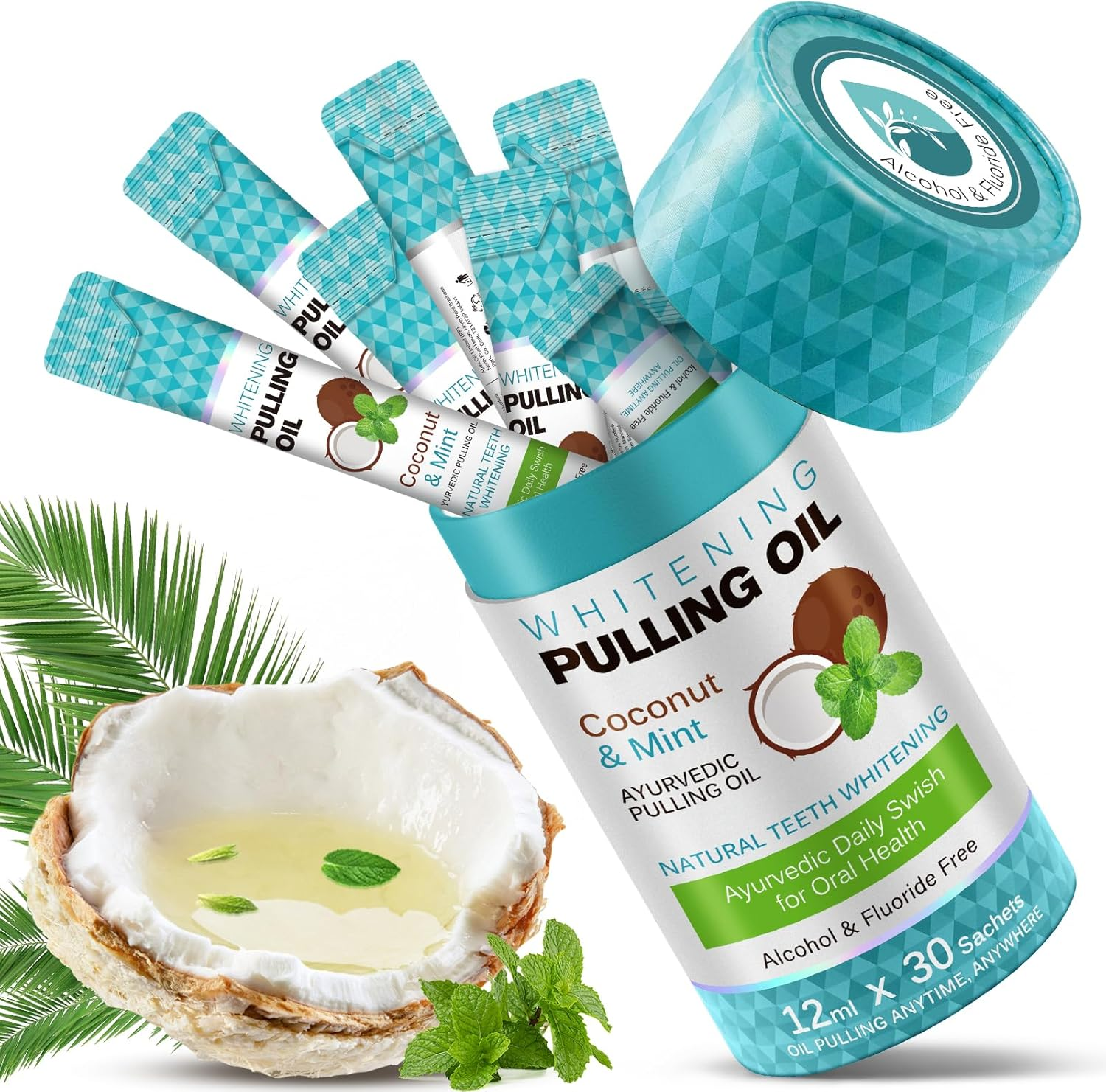 Coconut Pulling Oil 30 Packets, Travel Size Mouthwash Packets, Coconut Oil Pulling for Teeth, Peppermint Mouthwash for Oral Care, Natural, for Tooth Whitening, Fresh Breath and Healthier Tooth & Gum Health image number 1