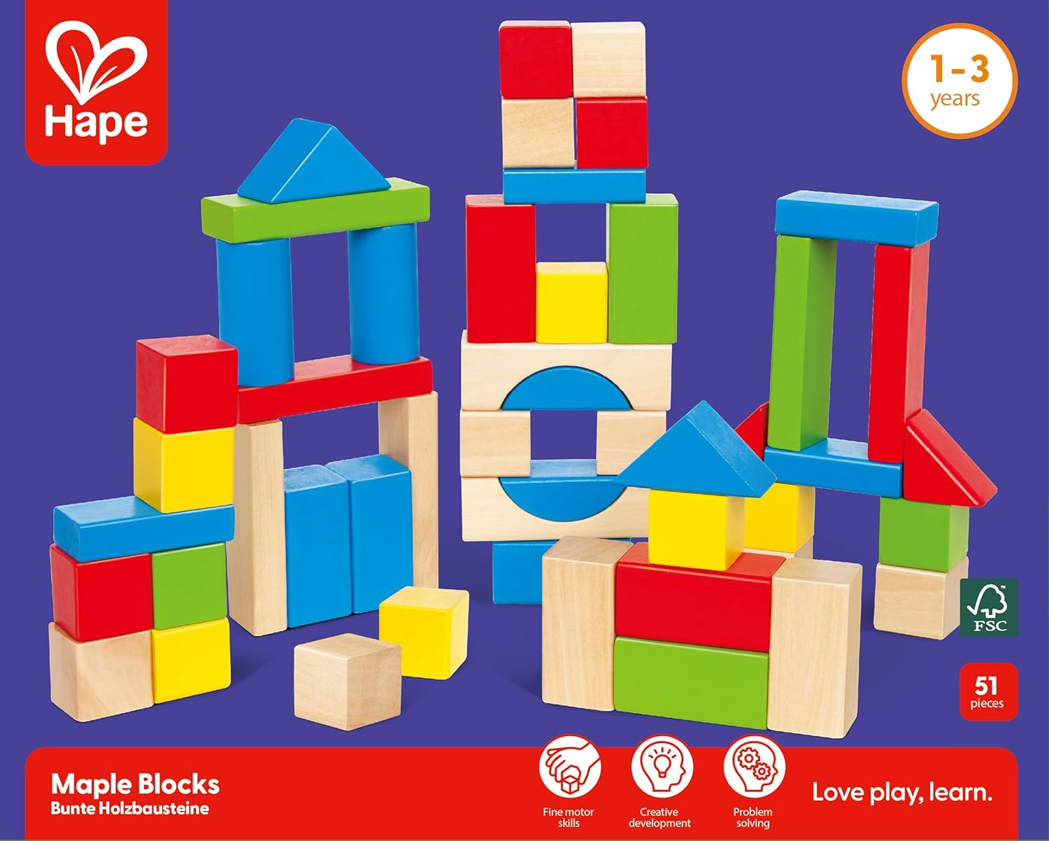 Maple Wood Kids Building Blocks by Hape | Stacking Wooden Block Educational Toy Set for Toddlers, 50 Brightly Colored Pieces in Assorted Shapes and Sizes image number 3