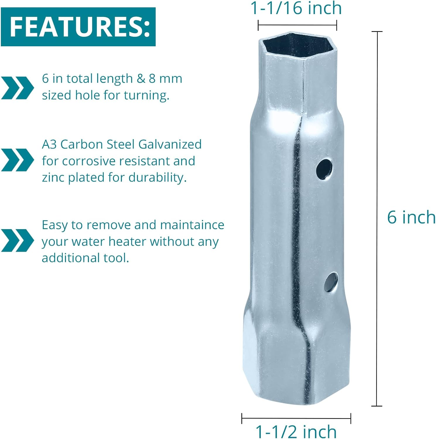 Dual Hex Wrench Removal Tool for Anode Rod and Water Heater Element, 1-1/16 in X 1-1/2 in X 6 In, Hex Socket for All Residential and RV Camper Travel Trailer Motorhome image number 1