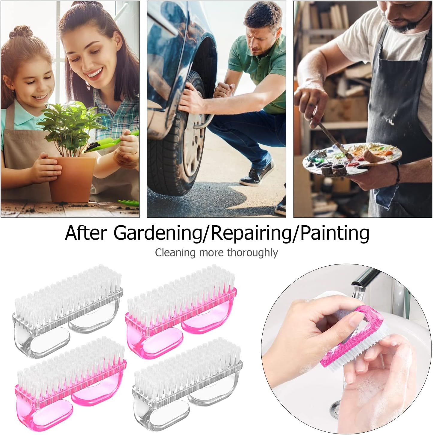 Handle Grip Nail Brush, Hand Fingernail Brush Cleaner Scrubbing Kit Pedicure for Toes and Nails Men Women (4 Pack) image number 1