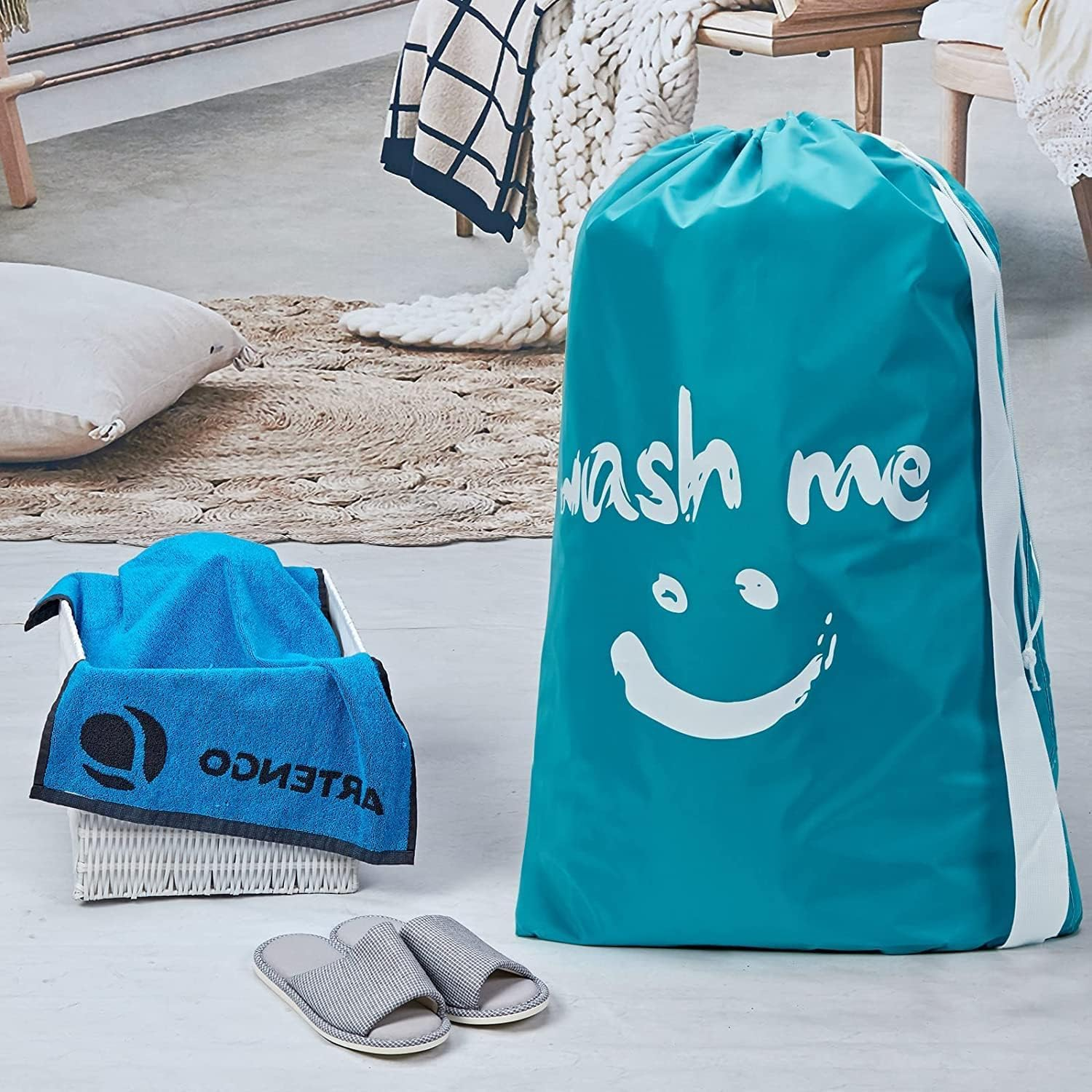 CJWLKJ 2 Pack XL Travel Laundry Bag with Strap, Dirty Clothes Organizer, Carry up to 4 Loads of Laundry, Easy Fit a Laundry Hamper or Basket, Sky Blue and Blue