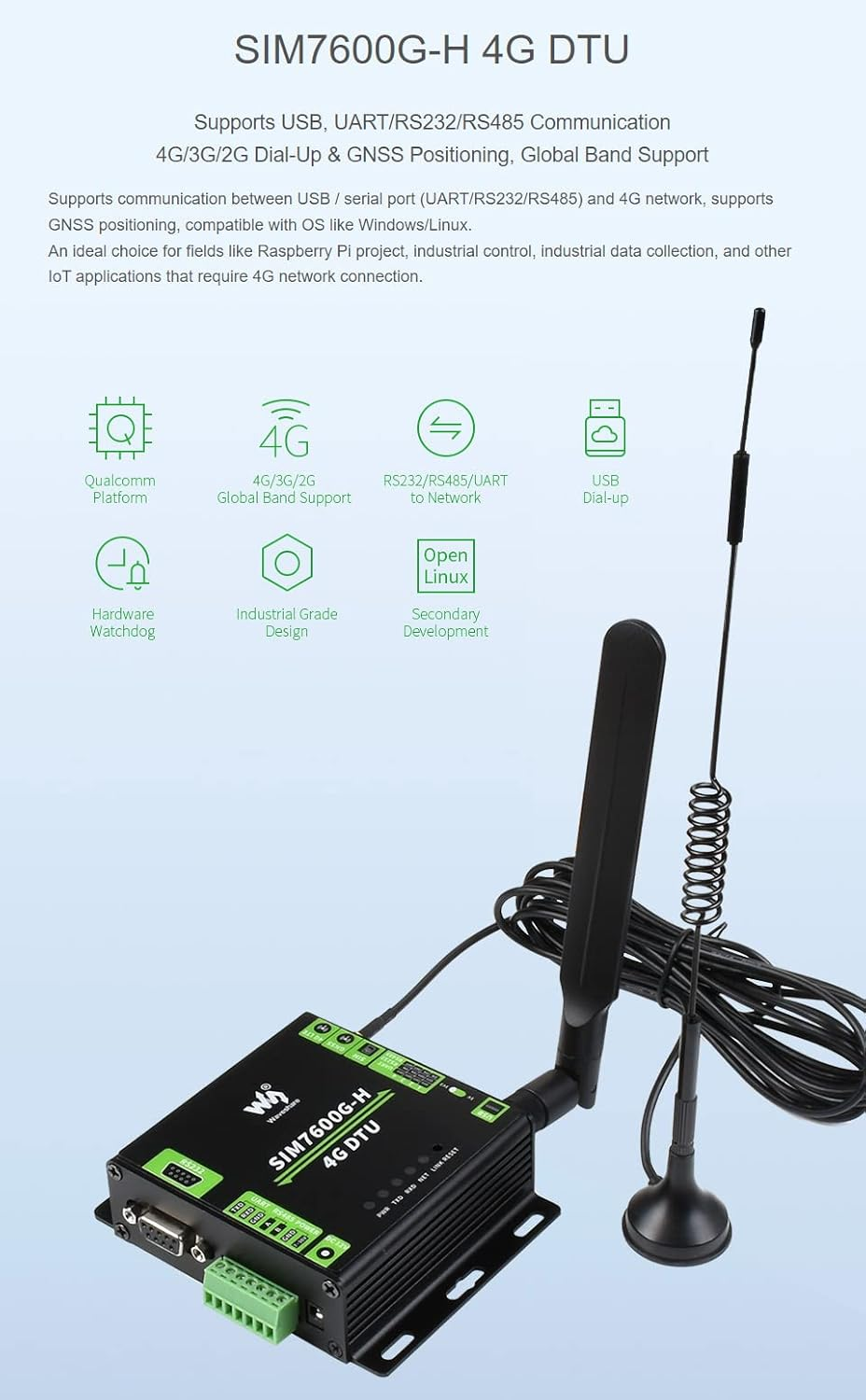 Waveshare Industrial Grade SIM7600G-H 4G DTU USB UART/RS232/RS485 Multi Interfaces Communication LTE Global Band Support image number 5