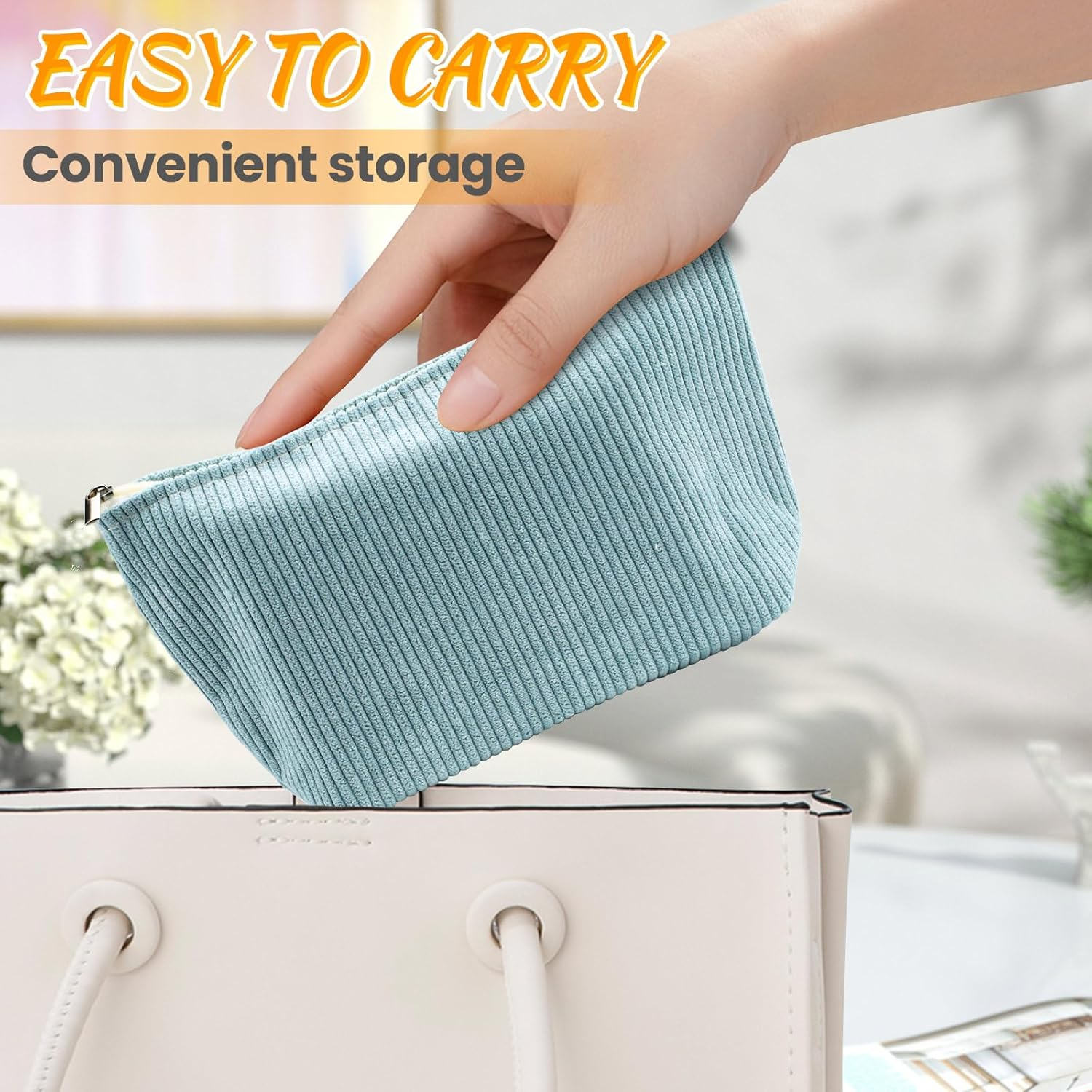 Huakaile 2 Pieces Corduroy Makeup Bag Set, Small Cosmetic Pouch Case with Zipper, Cute Travel Toiletry Bag Organizer for Girls Women Gifts Purse Storage (Pink) image number 2