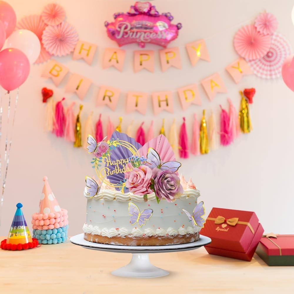 28 PCS Boho Cake Toppers Cake Decoration with Pink Purple Flowers Butterflies Palm Leaves Candles for Birthday Themed Baby Shower Party Wedding Supplies (Pink Purple) image number 6