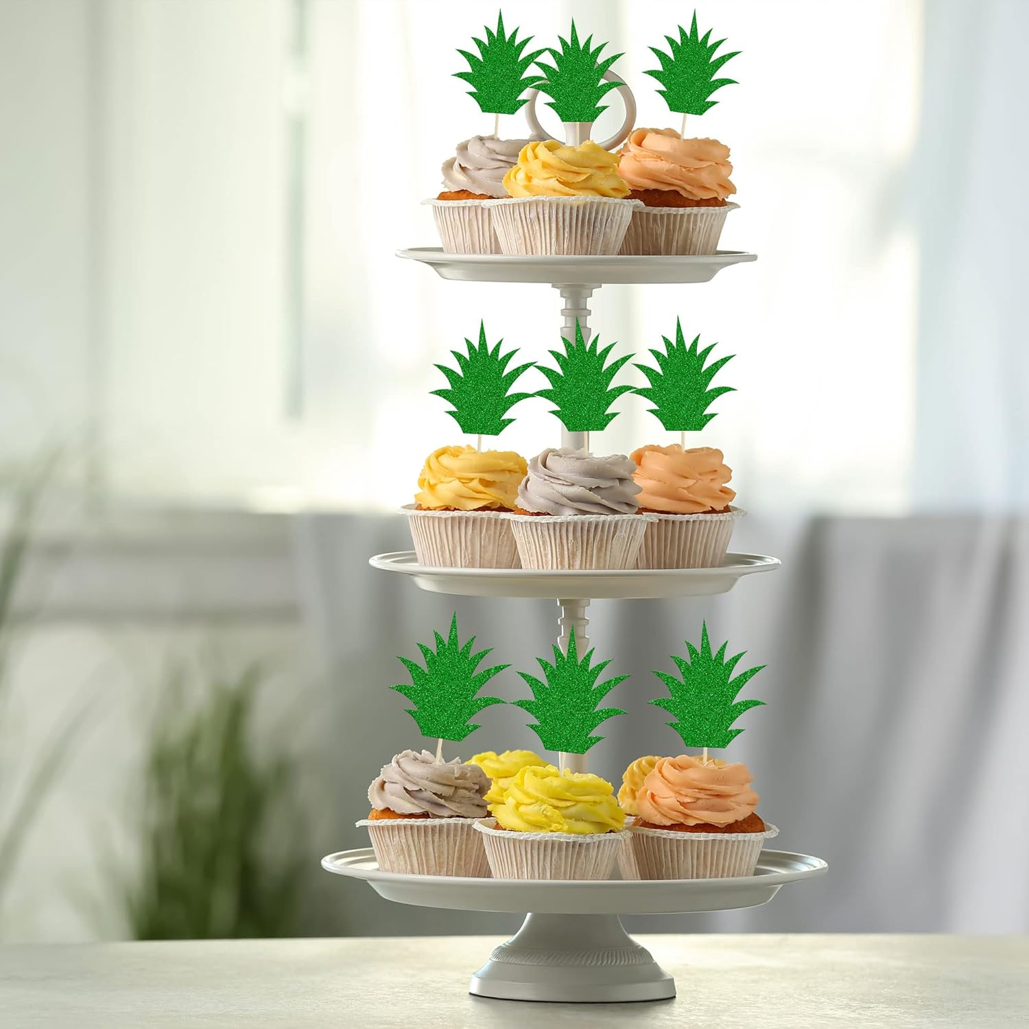 36Pcs Donut Toppers Green Pineapple Cupcake Toppers Green Glitter Pineapple Picks for Luau Bridal Shower Tropical Summer Party Cake Food Decoration Supplies - 36Pcs Pineapple image number 5